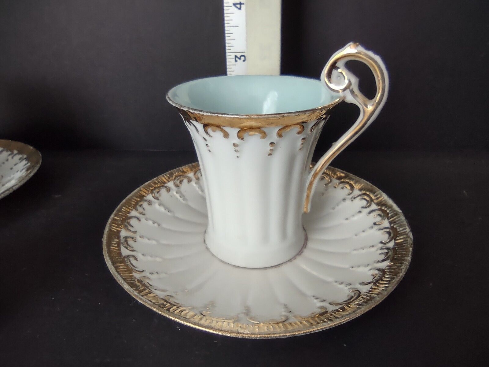 3 x Vintage Demitasse Cup Pink Blue Gold Scroll Trim (lot 518)