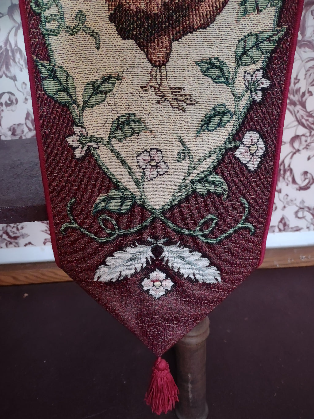 Vintage Rooster Tapestry Fabric Wall Hanging 40" Red Maroon Made USA (lot 3242)