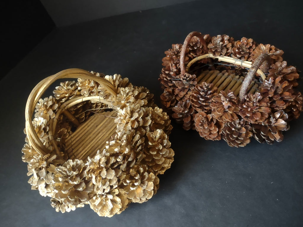 Vintage Christmas Golden Primitive Rustic Pinecone Basket x 2 (lot 1183)