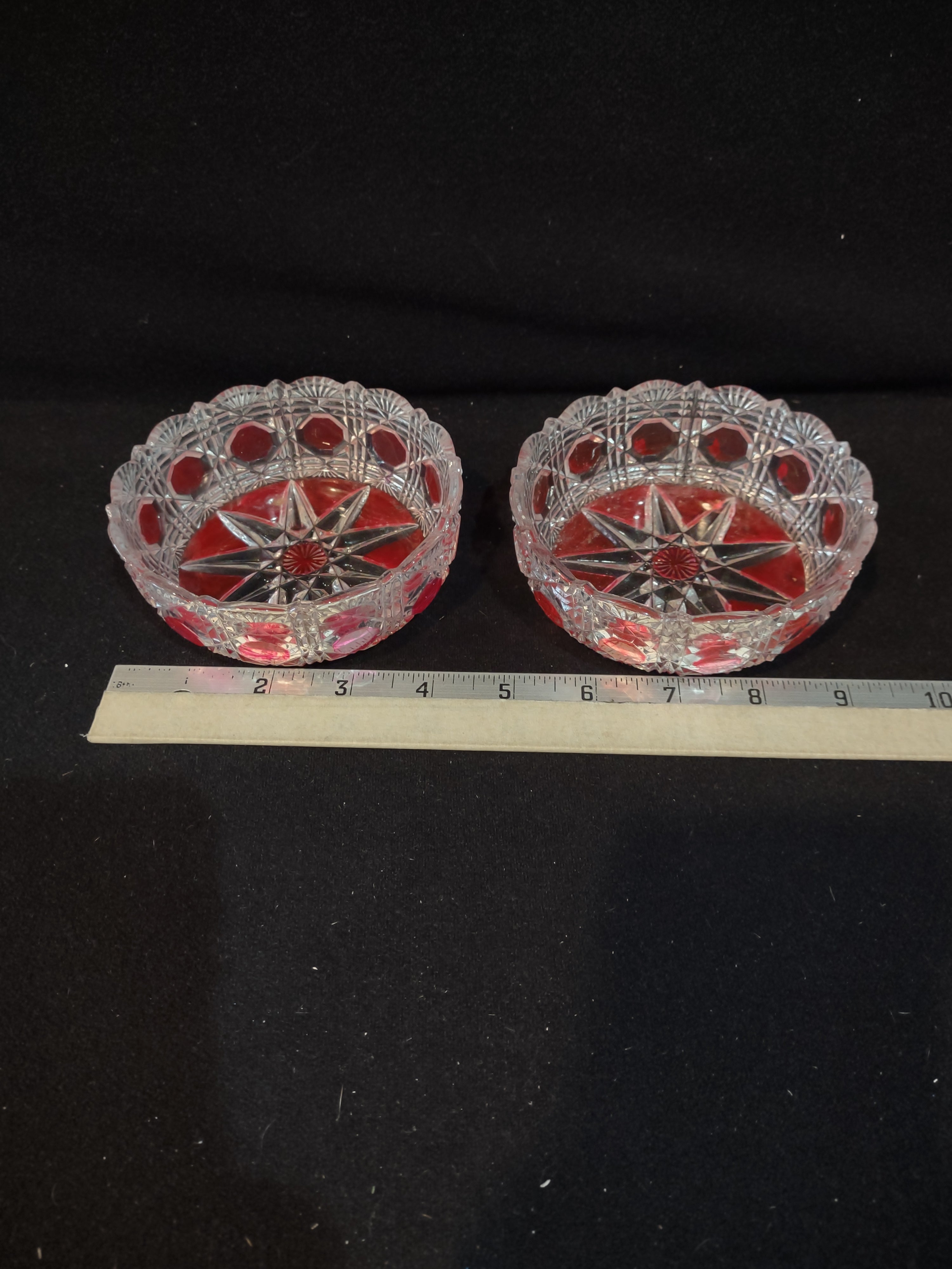 Vintage Glass Candy Condiment Star Bowl Red Geometric Pattern x 2 (Lot 5340)