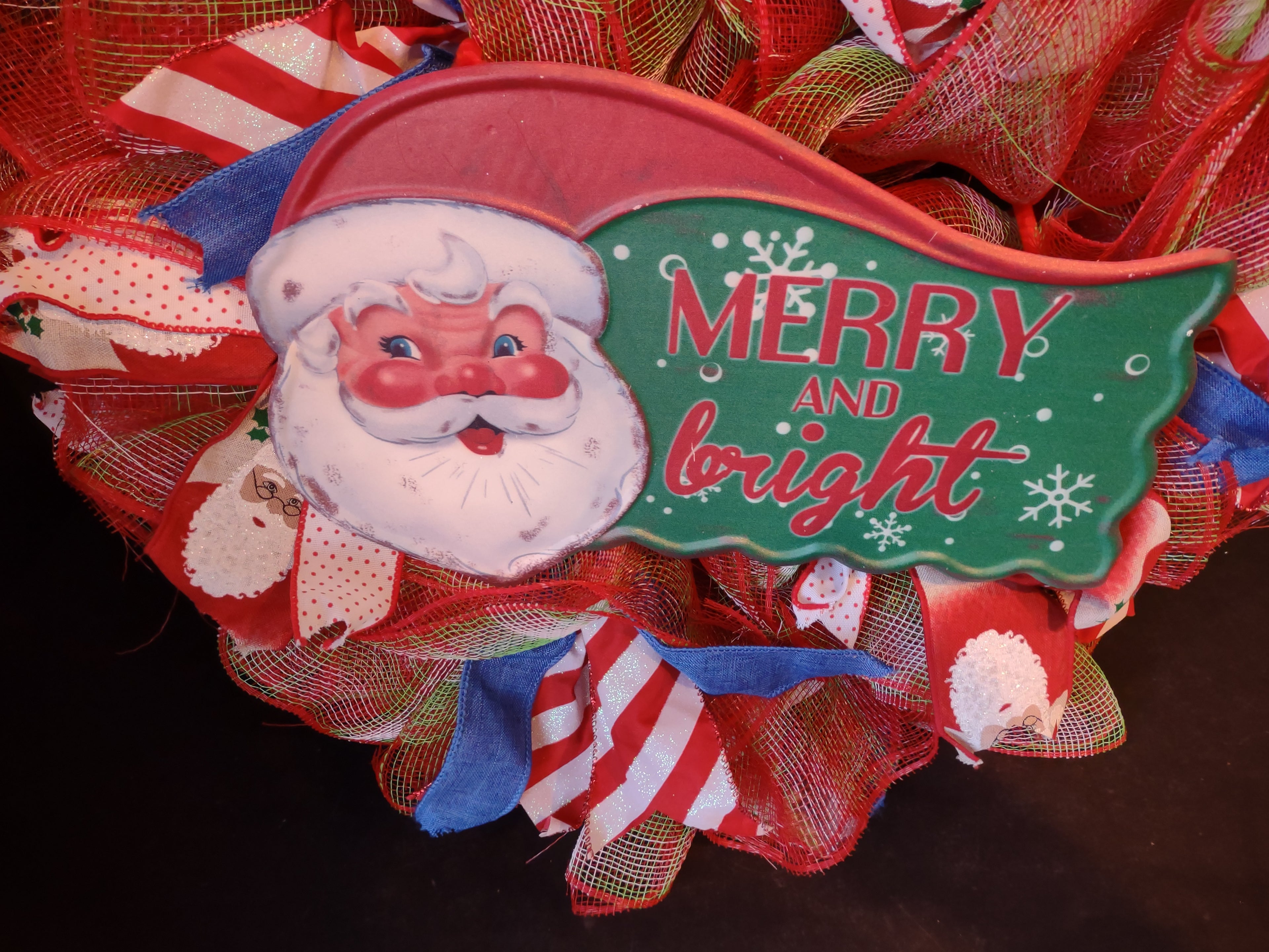 Handmade Christmas Wreath Sparkly Red White Blue Ribbon 22" Santa Merry lot 1294