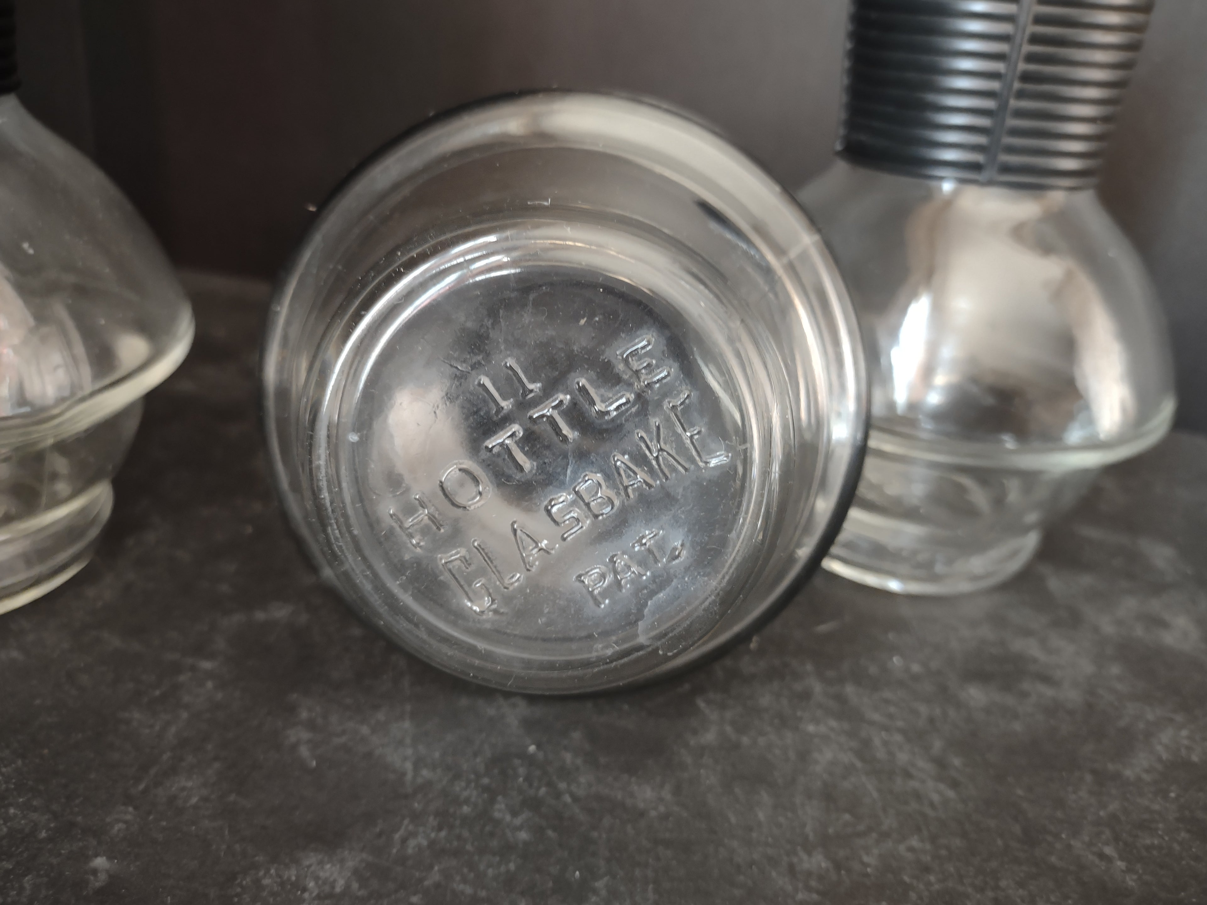 Vintage 9 x Hottle Carafe Clear Glass NO Lid Glasbake Black Neck (lot 5316)