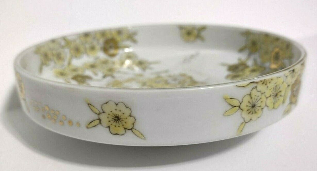 Vintage Gold Imari Hand Painted Trinket Dish Gold Yellow Flower Round Tray 001
