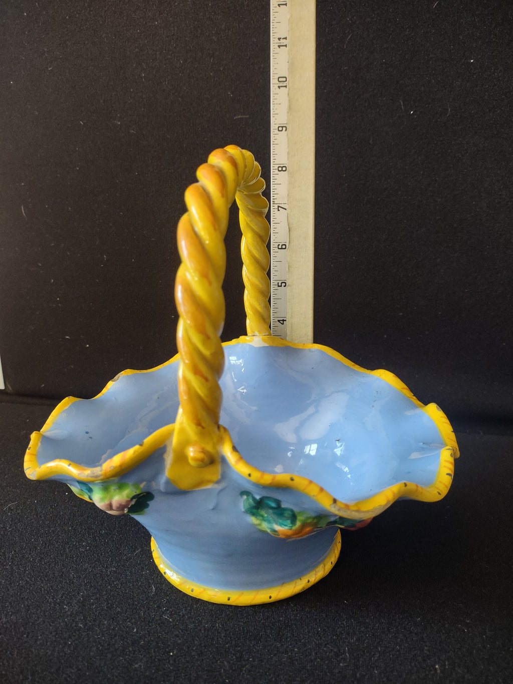 Vintage Ceramic Basket Blue Yellow Fruit Italy IMPERFECT (lot 5524)
