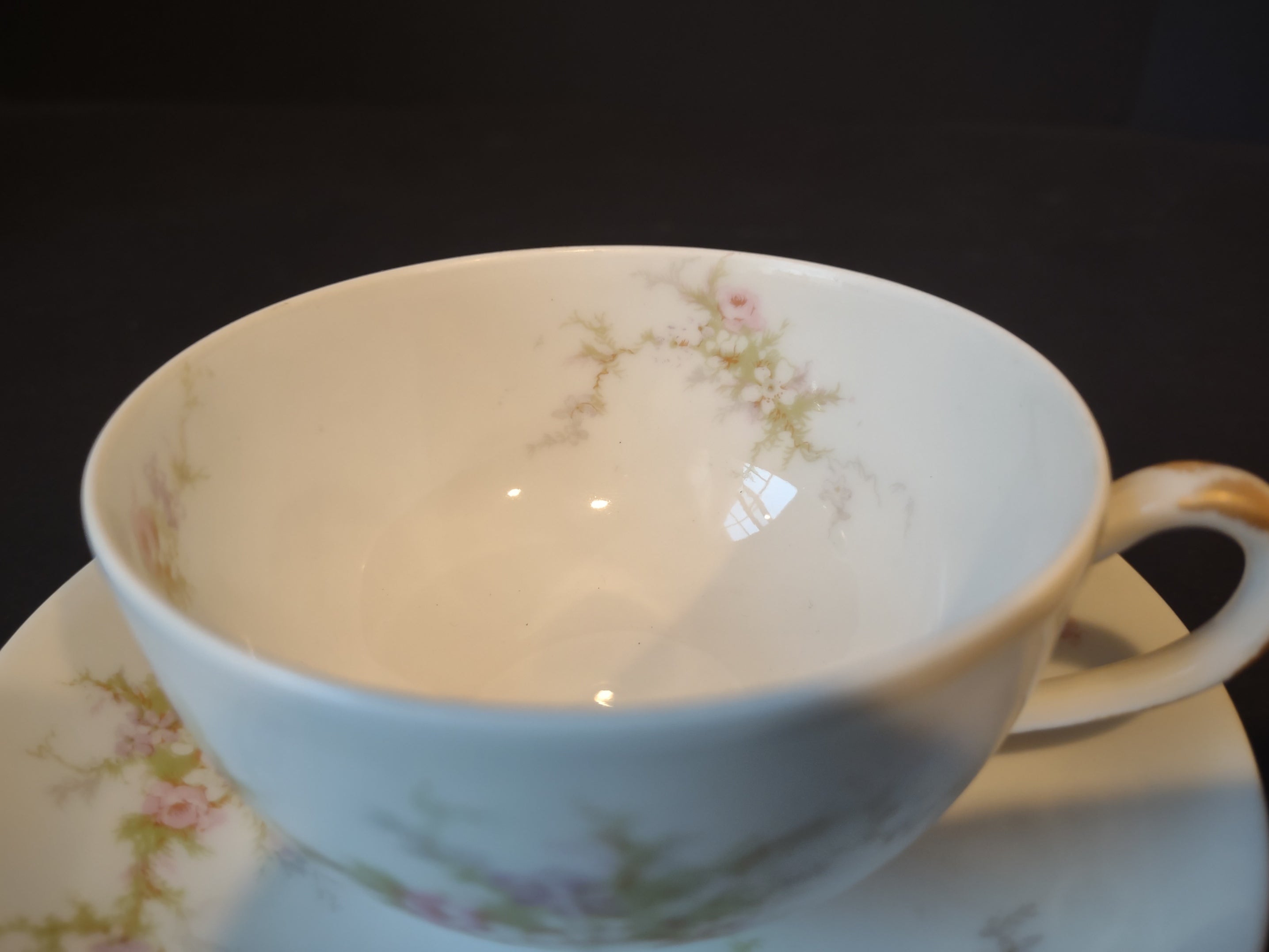 Haviland Limoges Tea Cup & Saucer Rose White Purple Flower Moss (lot 901)