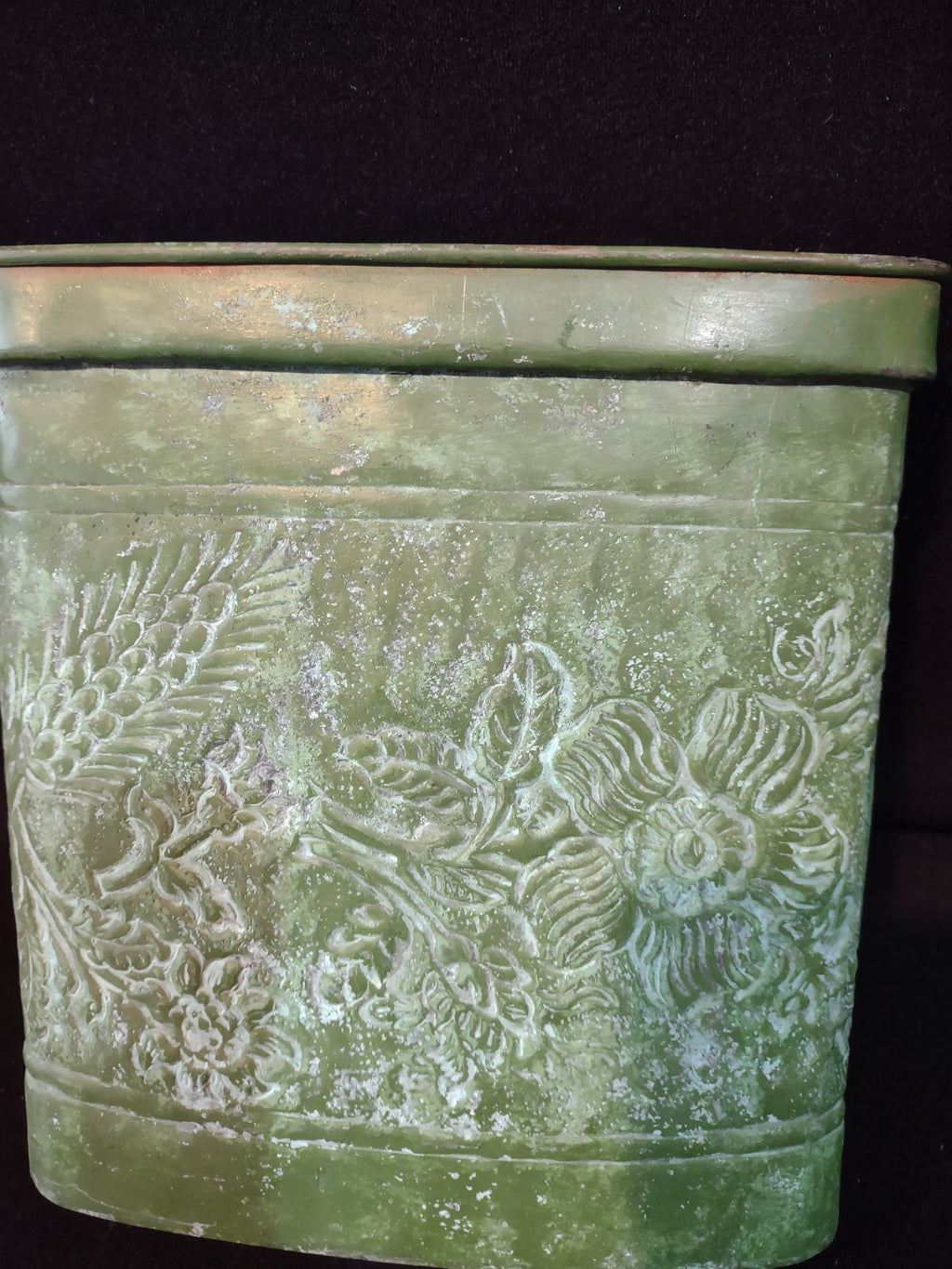 Vintage Rectangular Metal Planter Green Finish Embossed Floral India (Lot 5335)