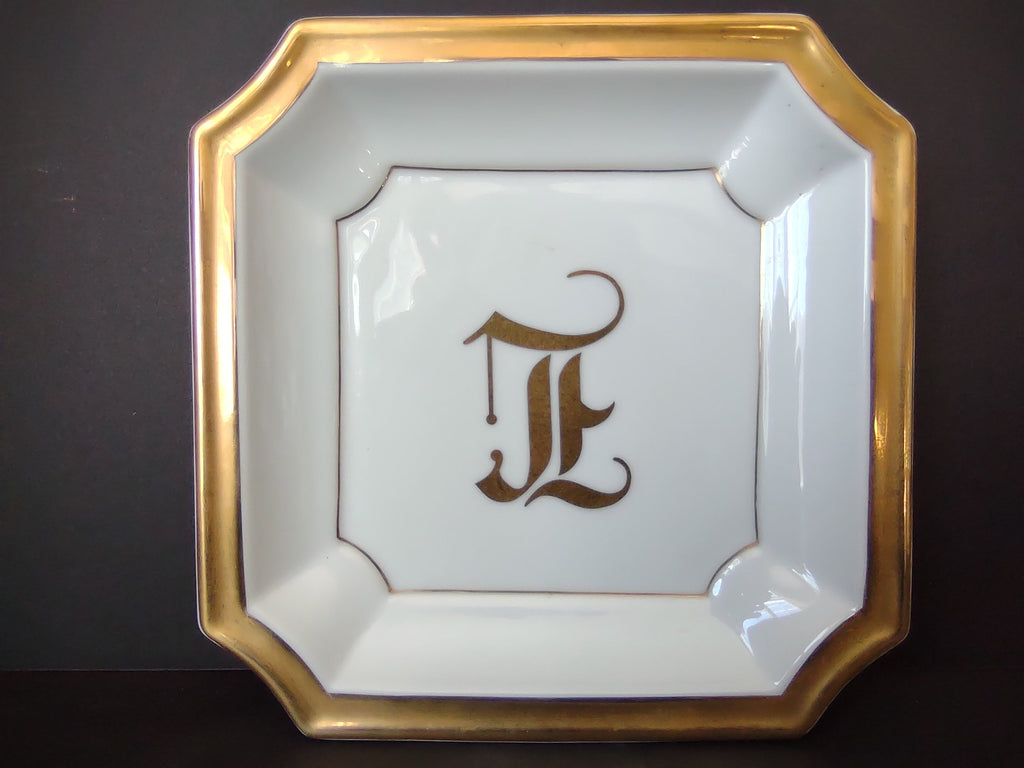 White Gold Trim Vintage Ashtray 8-1/4" x 8-1/4" Monogrammed L (lot 330)