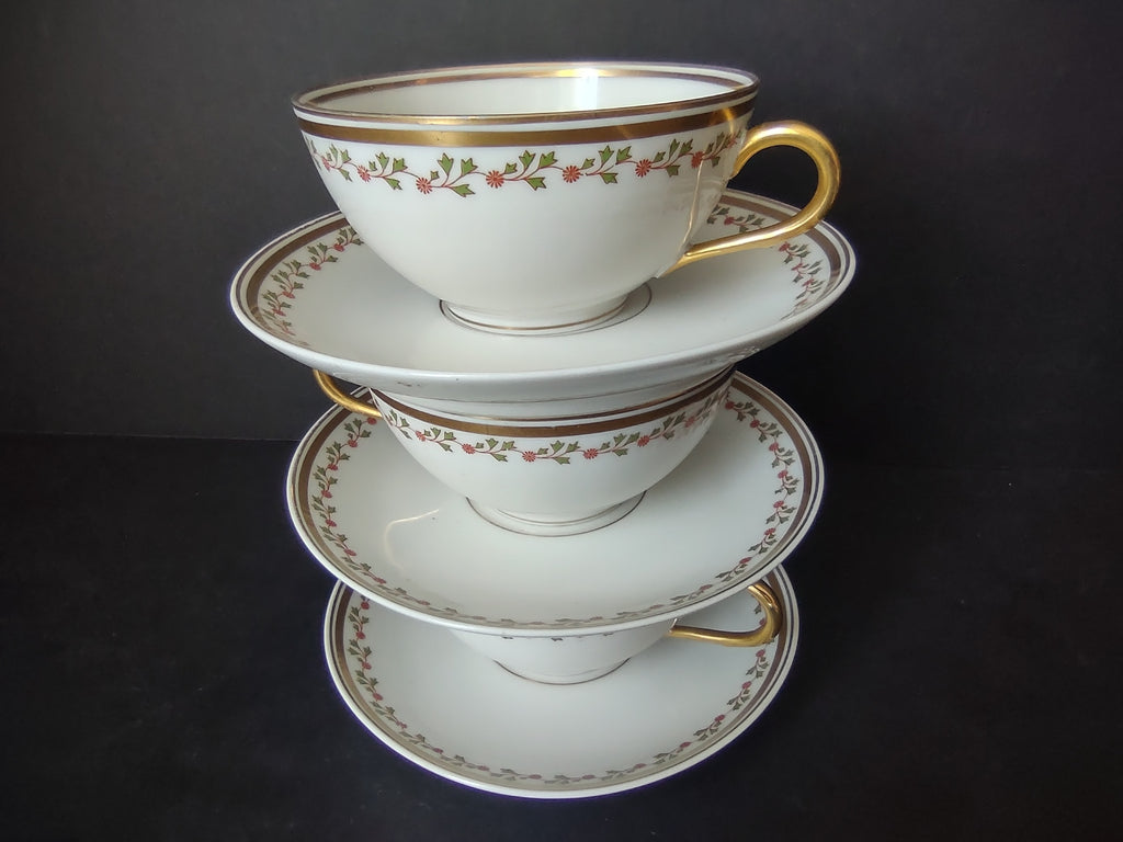 Old Abbey France Limoges 3 x Tea Cup & Saucer Clover Gold Trim (lot 865)