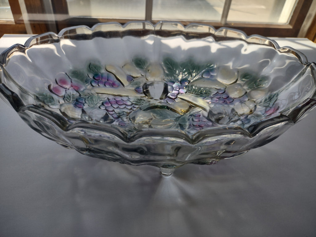 Vintage Indiana Glass Clear Iridescent Grape Design Large Footed Bowl (lot 2690c
