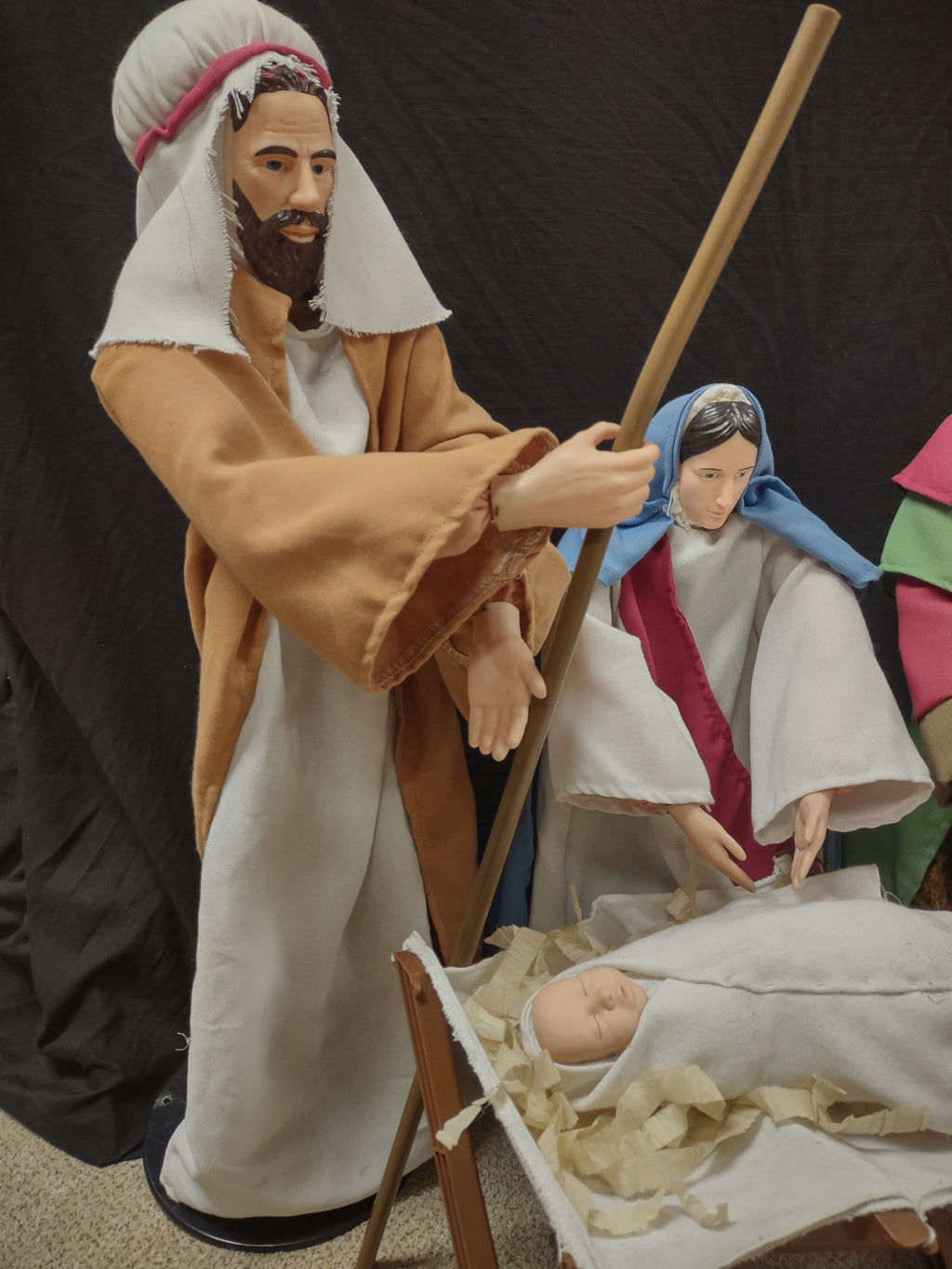 Vintage Christmas Nativity Set Cloth Mary Joseph Wise Men Baby 30" (Lot 1300)