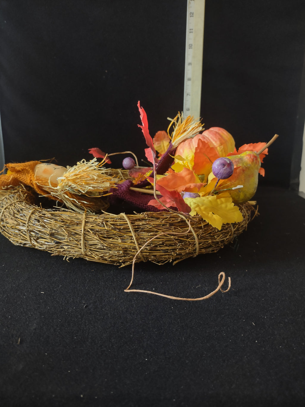 Halloween/Thanksgiving/Fall Scarecrow Leaf Pumpkin Fruit Twig Wreath (Lot 3455)