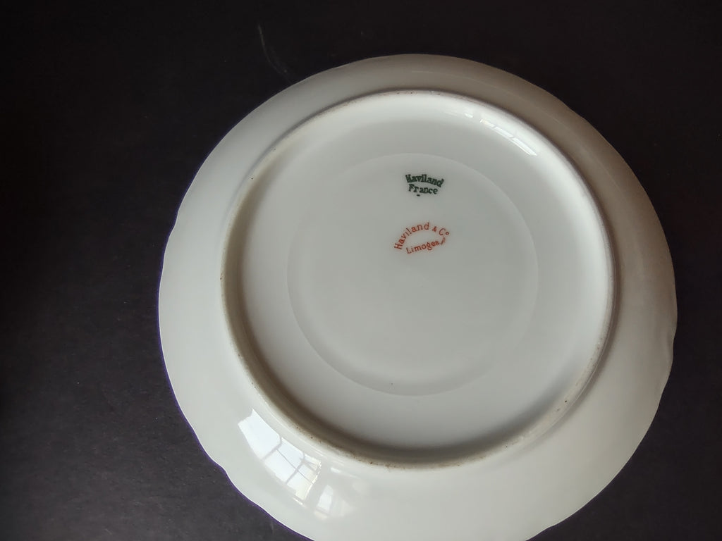 Haviland Limoges Tea Cup & Saucer White Scalloped Edge Rose Blue Ribbon (lot 858