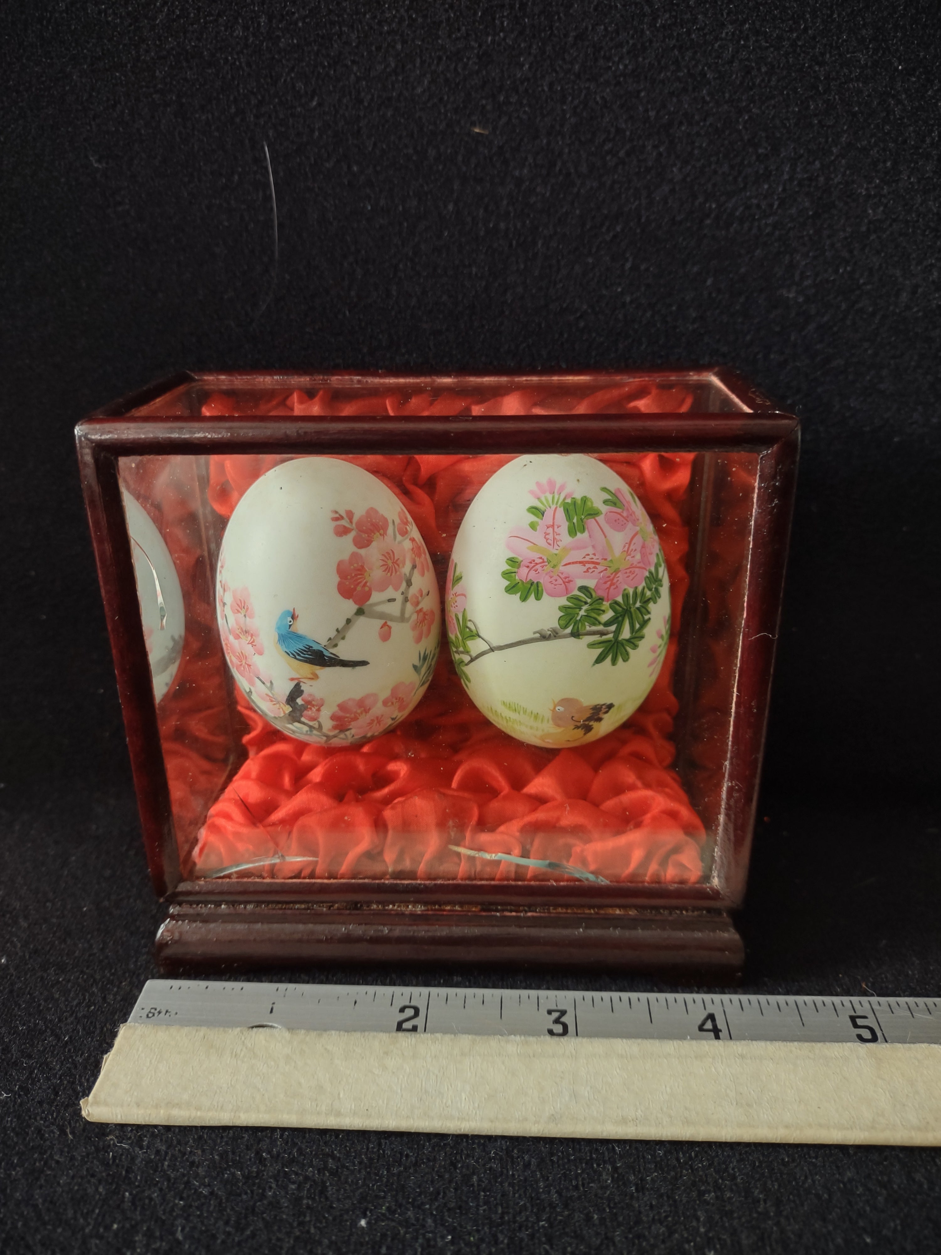 Vintage Hand Painted Oriental Easter Eggs Glass Wood Display IMPERFECT (Lot 5065