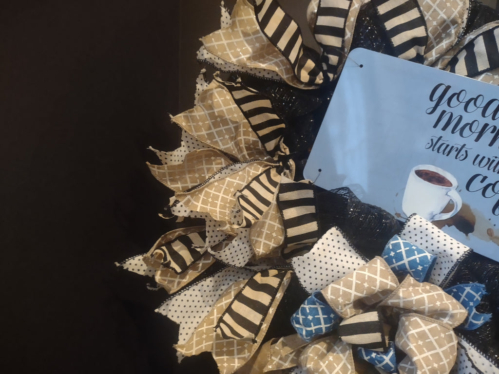 Good Morning Starts with Coffee Wreath Ribbon Mesh Decor Handmade (lot 1408)