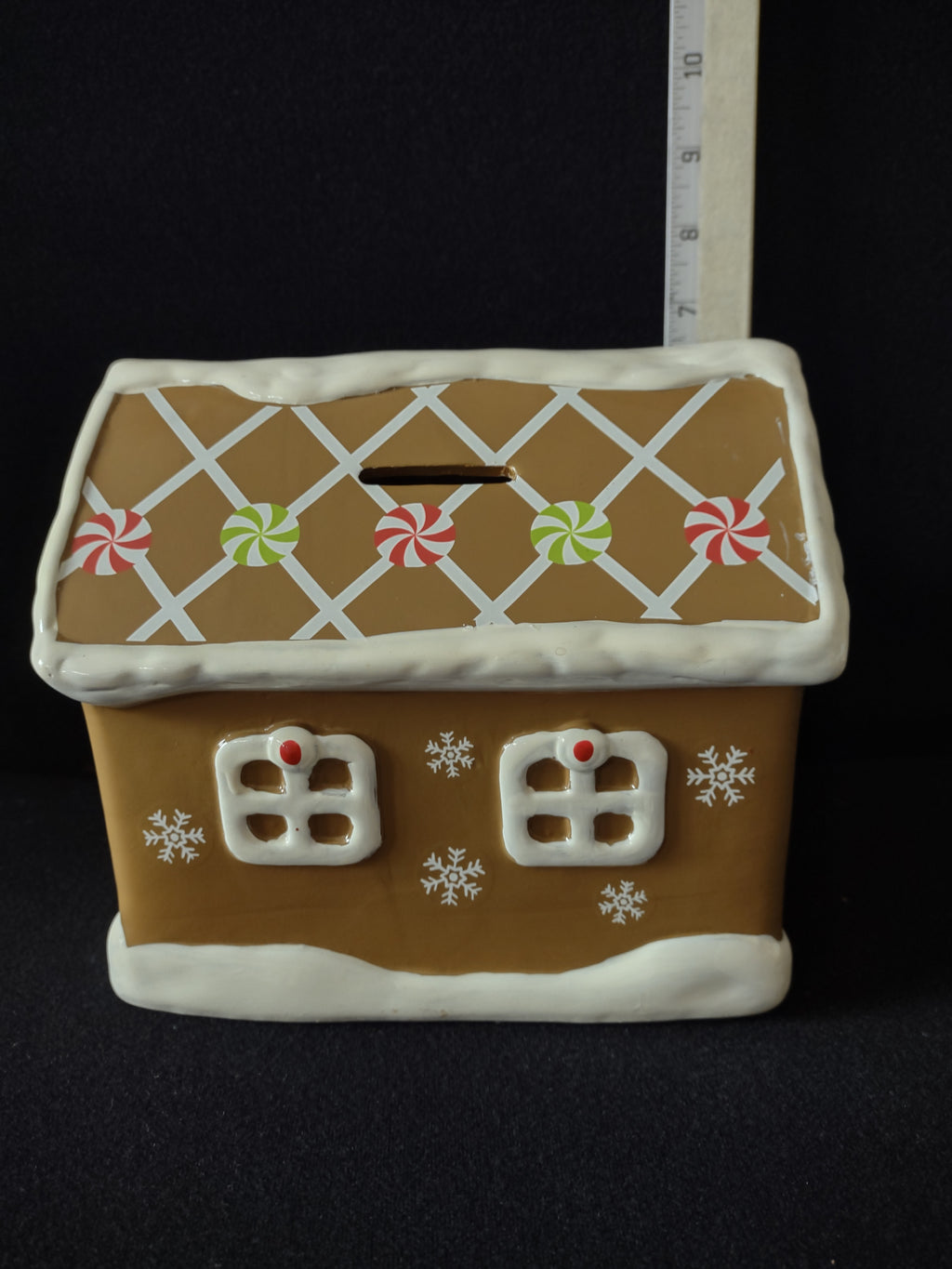 Vintage Christmas Gingerbread Ceramic Piggy Bank Snowman Snowflakes (Lot 4795)