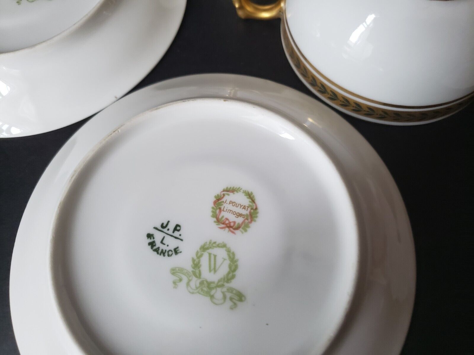 JP Limoges France Gold Trim Green Laurel 3 x Bouillion Cup & Saucer (lot 597)