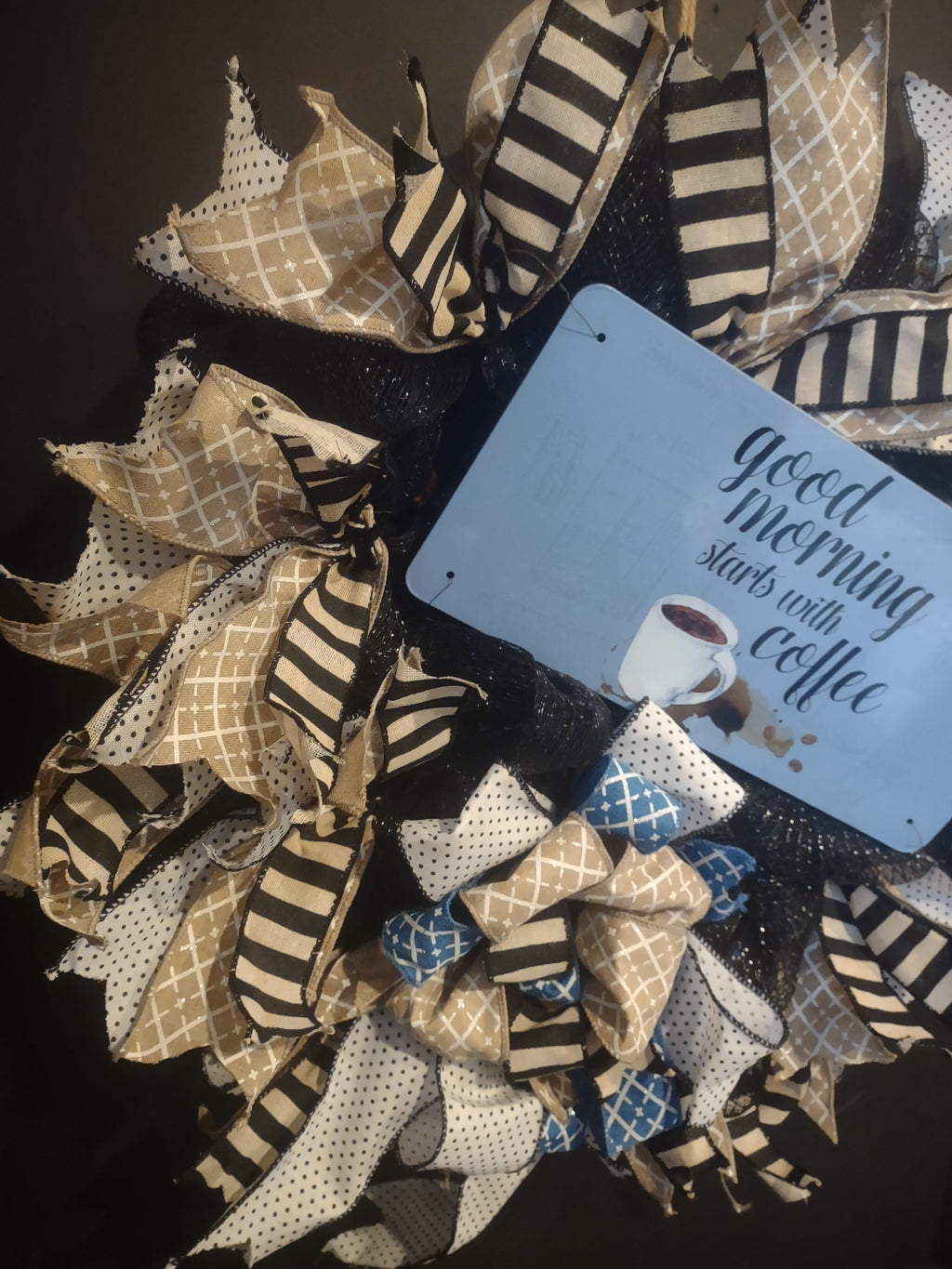 Good Morning Starts with Coffee Wreath Ribbon Mesh Decor Handmade (lot 1408)