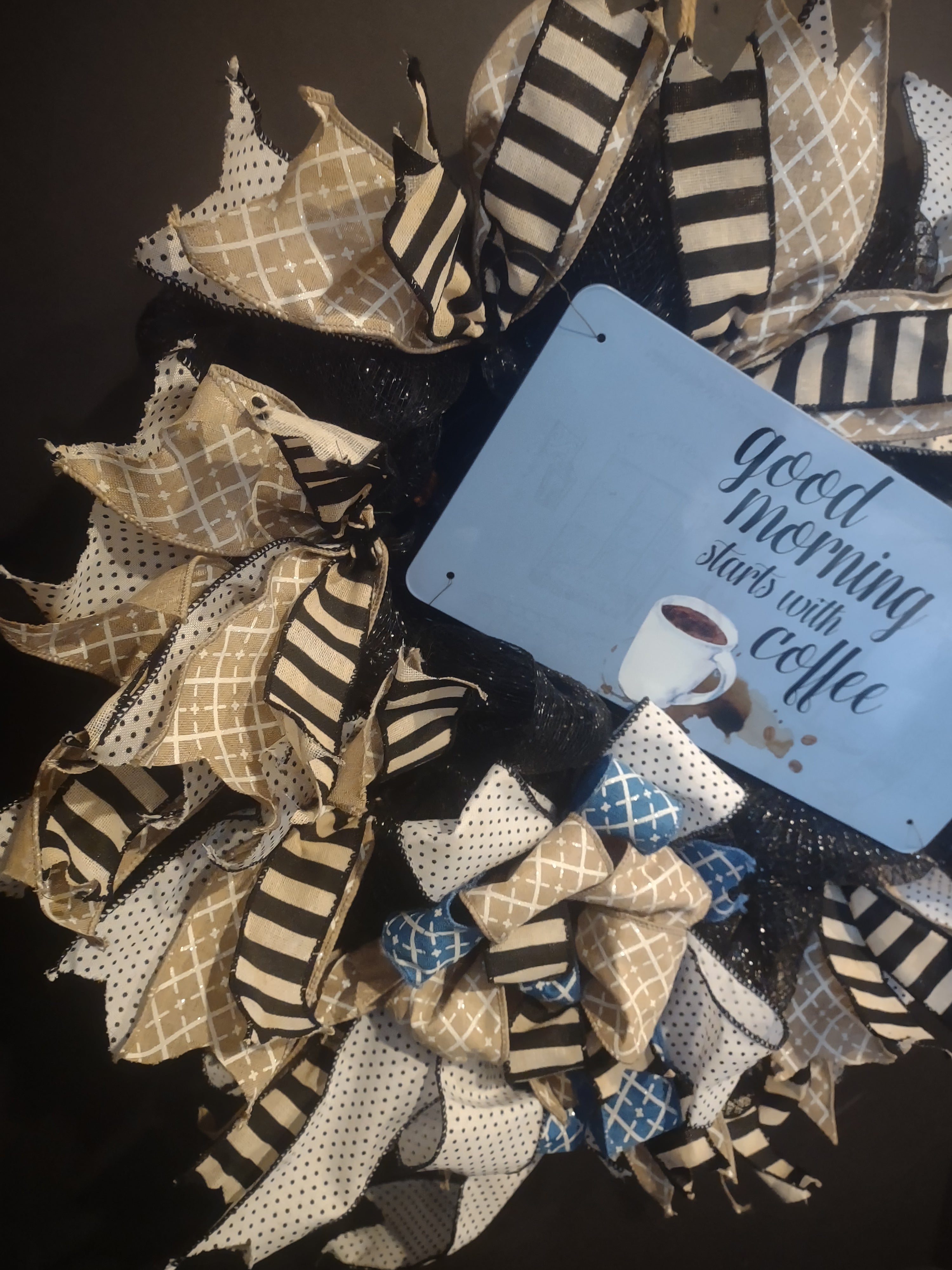 Good Morning Starts with Coffee Wreath Ribbon Mesh Decor Handmade (lot 1408)