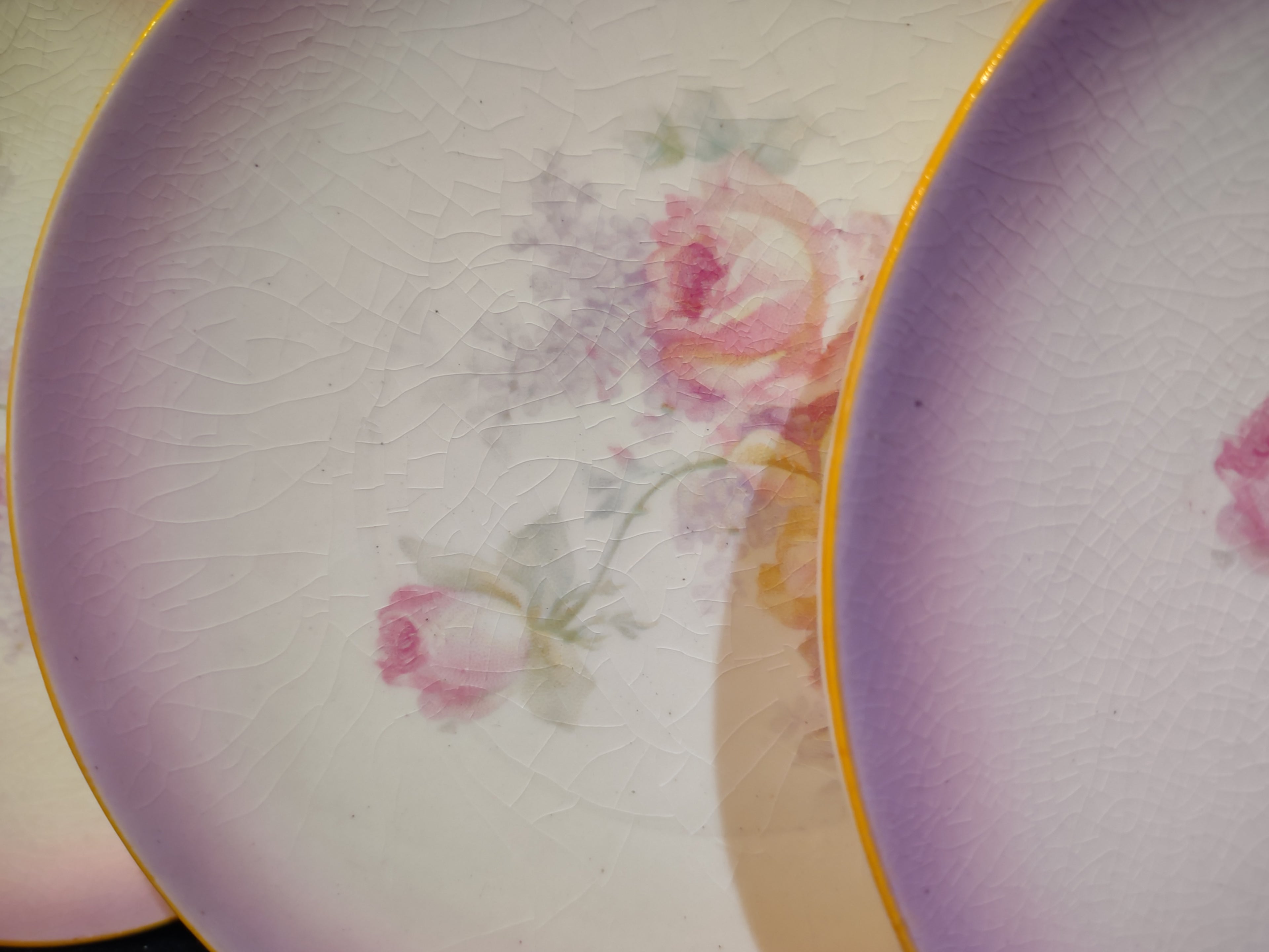 Vintage Farmhouse Cottage Pink Roses Dessert Plate CRAZING x 6 (lot 5392)