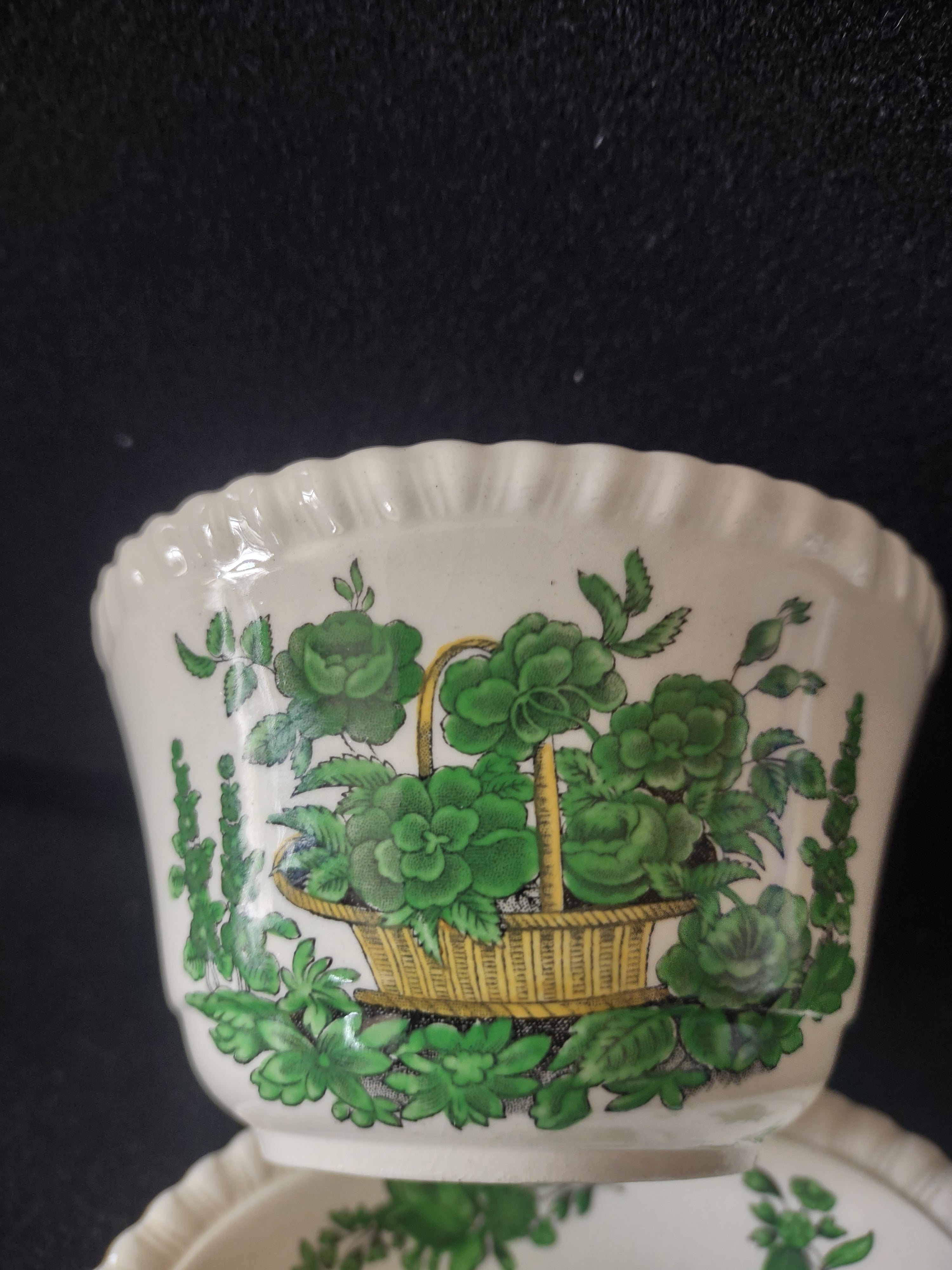 Vintage Spode Teacup Saucer Green Basket Ironstone English Countryside (Lot 5796