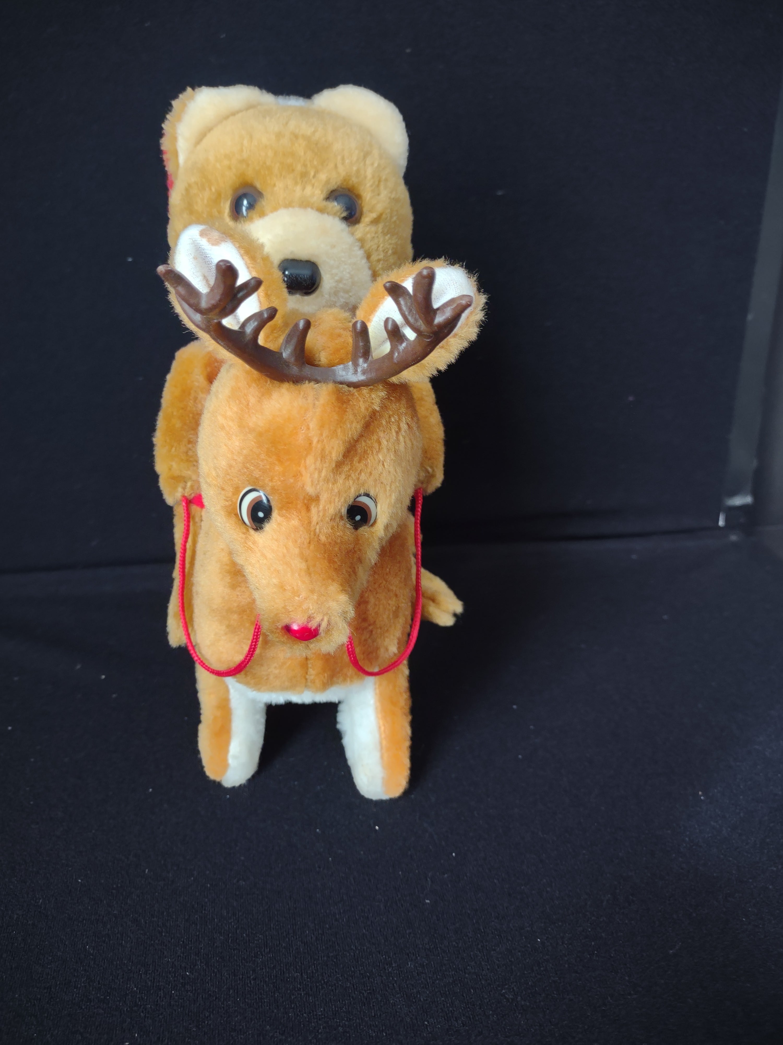 Vintage Christmas Plush Musical Teddy Bear Riding Reindeer Nose Lights Up (lot 2349)