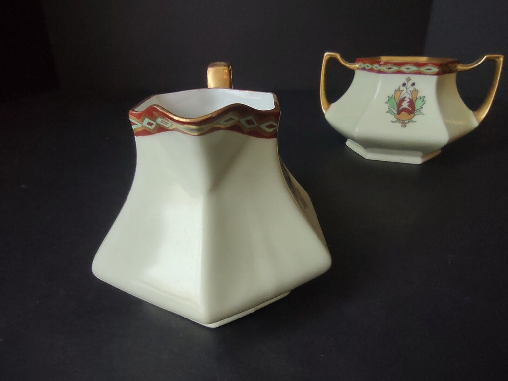 Limoges France Green Red Heavy Thick Gold Trim Sugar Dish Creamer Set (lot 712)