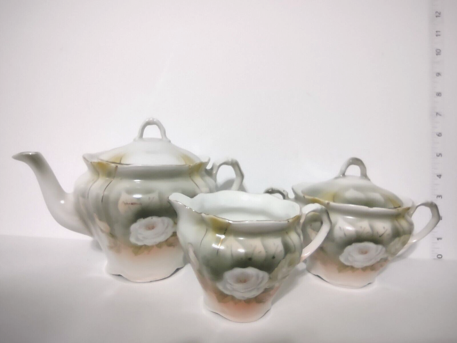 Vintage Bavaria Teapot Creamer Sugar Dish White Rose Gold Trim (lot 240)