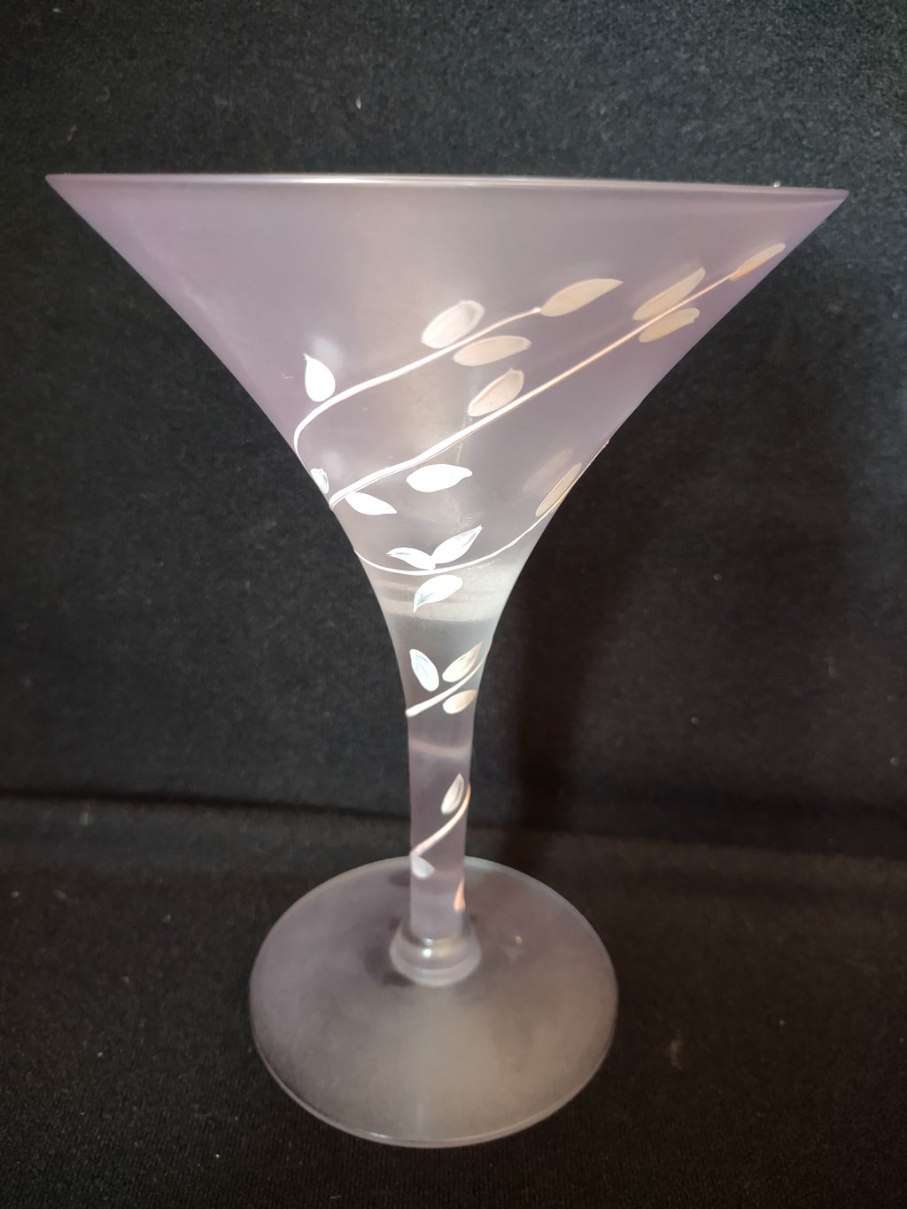 Vintage MCM Frosted Martini Glass Pink Leaves Handpainted (lot 2739)