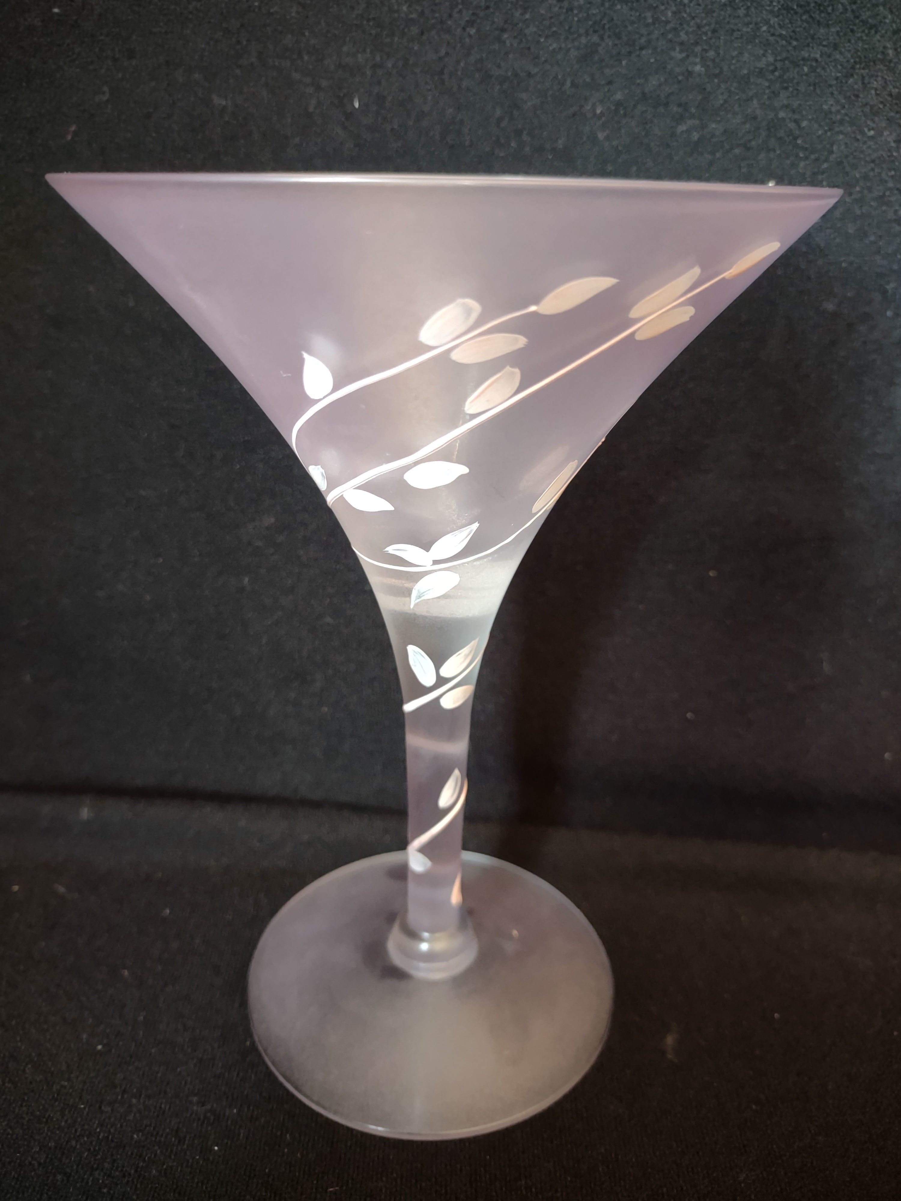 Vintage MCM Frosted Martini Glass Pink Leaves Handpainted (lot 2739)