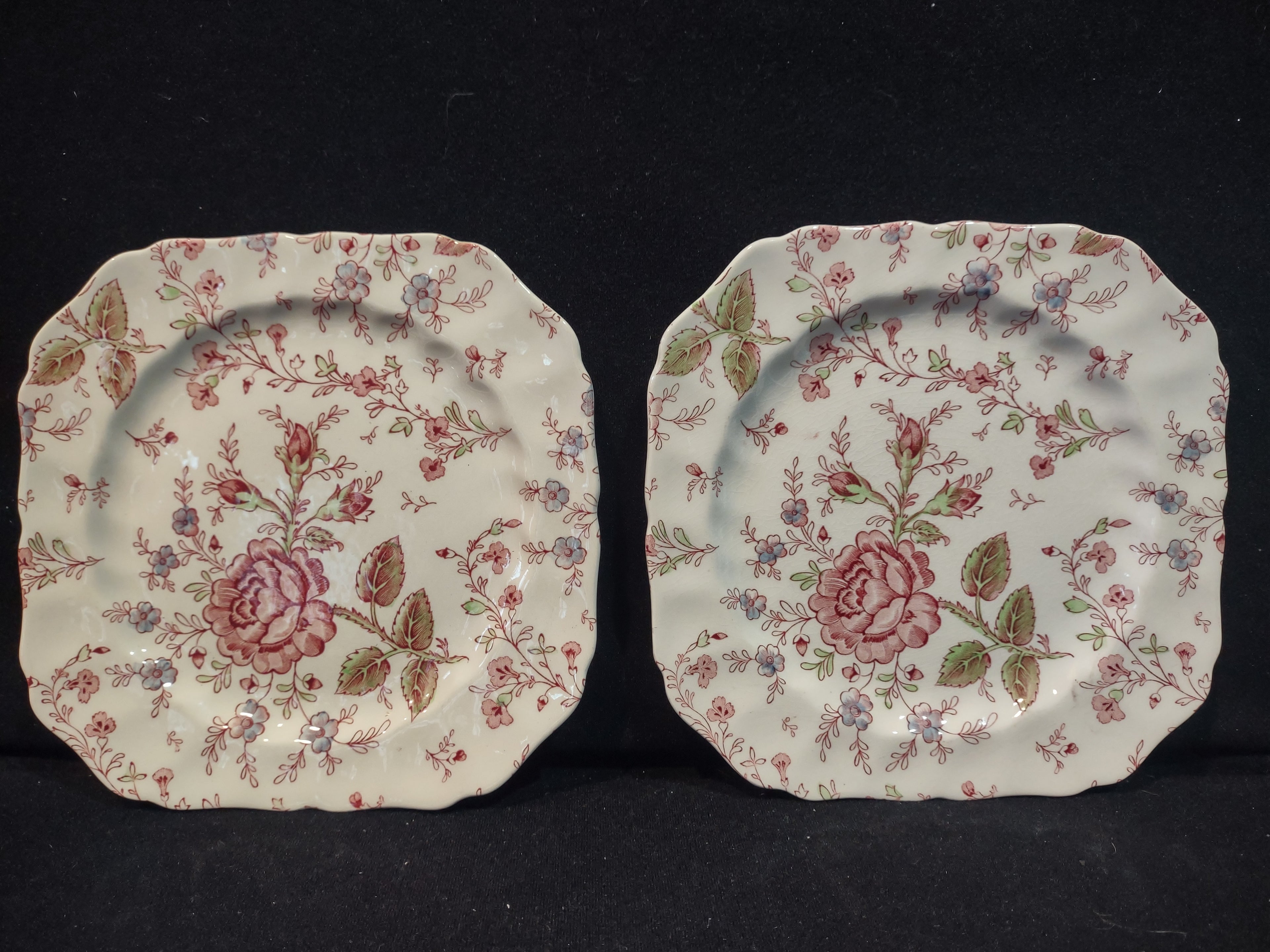 Vintage Dessert Plate x 2 Rose Chintz Johnson Bros Red Stamp (lot 5691)