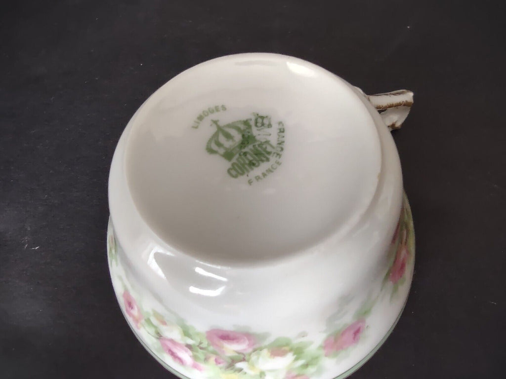 Coronet Limoges France 3 x Tea Cup Mint Band Gold Trim Pink Rose (lot 548)