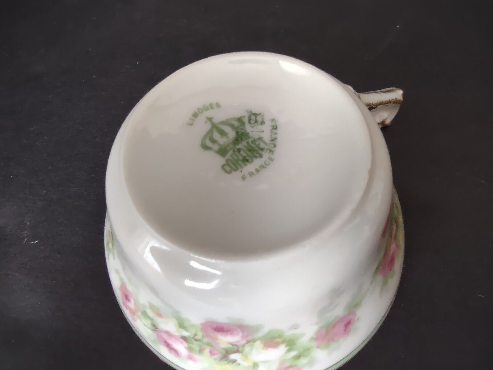 Coronet Limoges France 3 x Tea Cup Mint Band Gold Trim Pink Rose (lot 548)