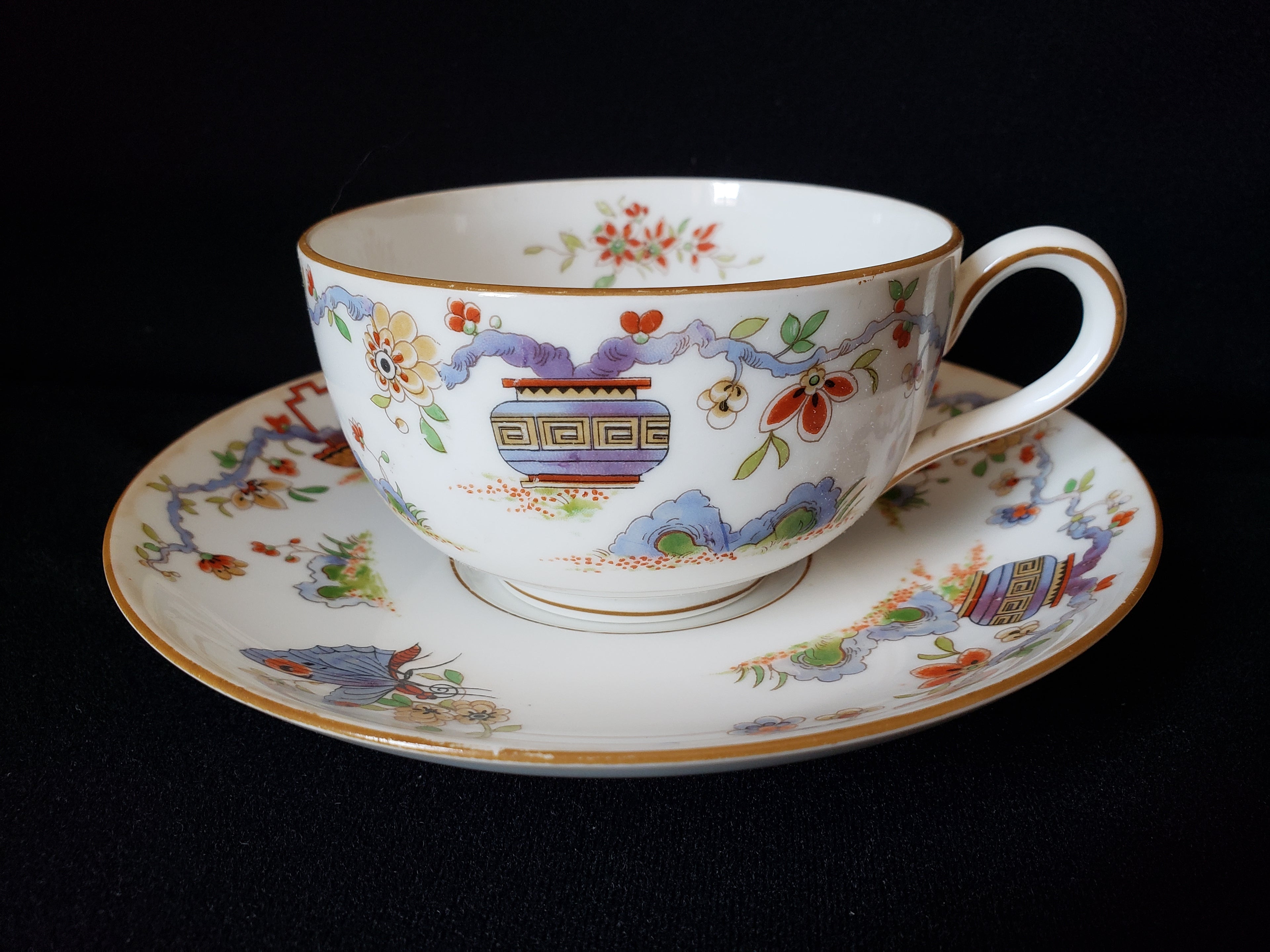 Vintage Royal Worcester Black Higgins Seiter Butterfly Tea Cup Saucer (lot 2120)