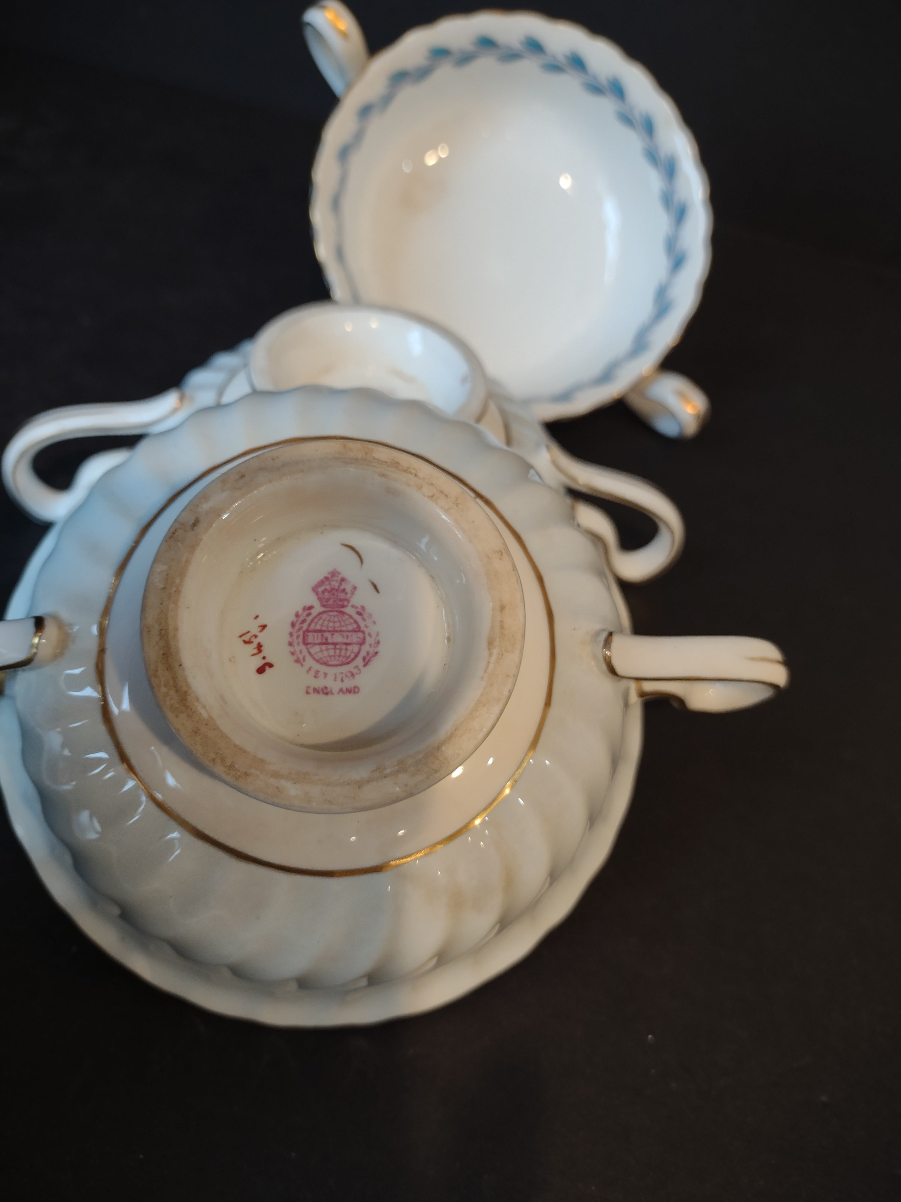 Vintage Minton Bone China Cheviot Blue Boullion Cup x 3 IMPERFECT (lot 5439)