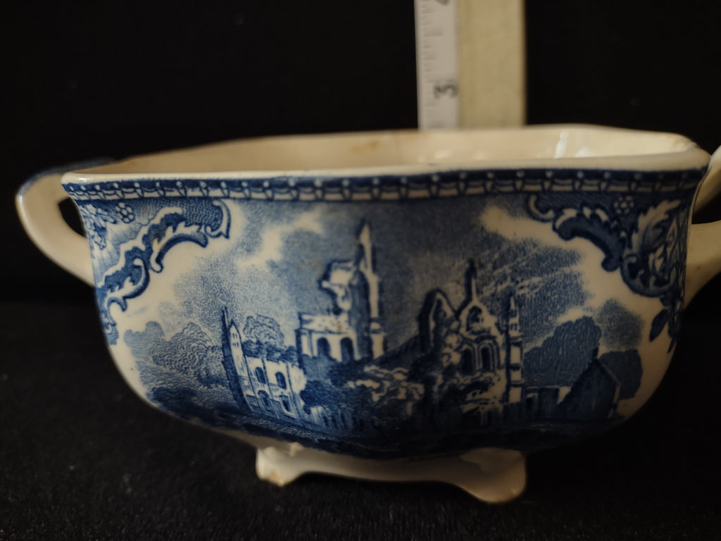 Vintage Blue White English Castle Ironstone IMPERFECT Sugar Bowl (lot 5821)