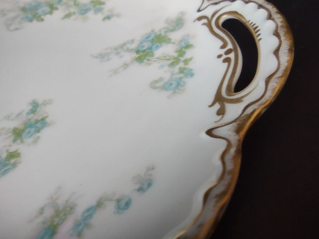 Vintage Haviland Limoges France Cake Serving Plate Blue Rose Gold Trim (lot 503)