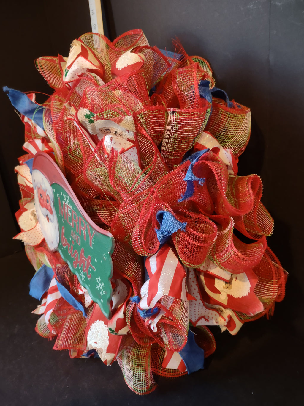 Handmade Christmas Wreath Sparkly Red White Blue Ribbon 22" Santa Merry lot 1294