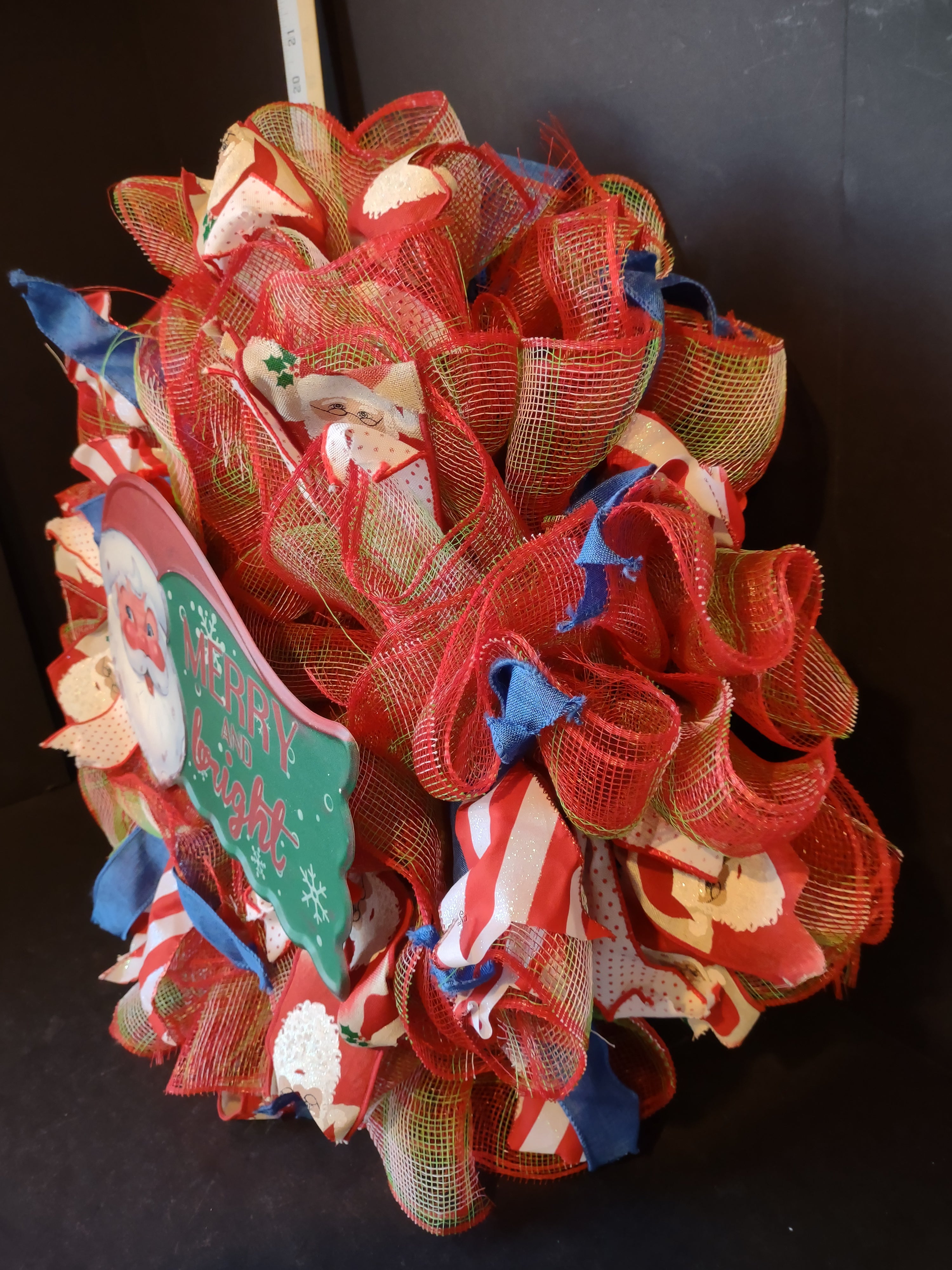 Handmade Christmas Wreath Sparkly Red White Blue Ribbon 22" Santa Merry lot 1294