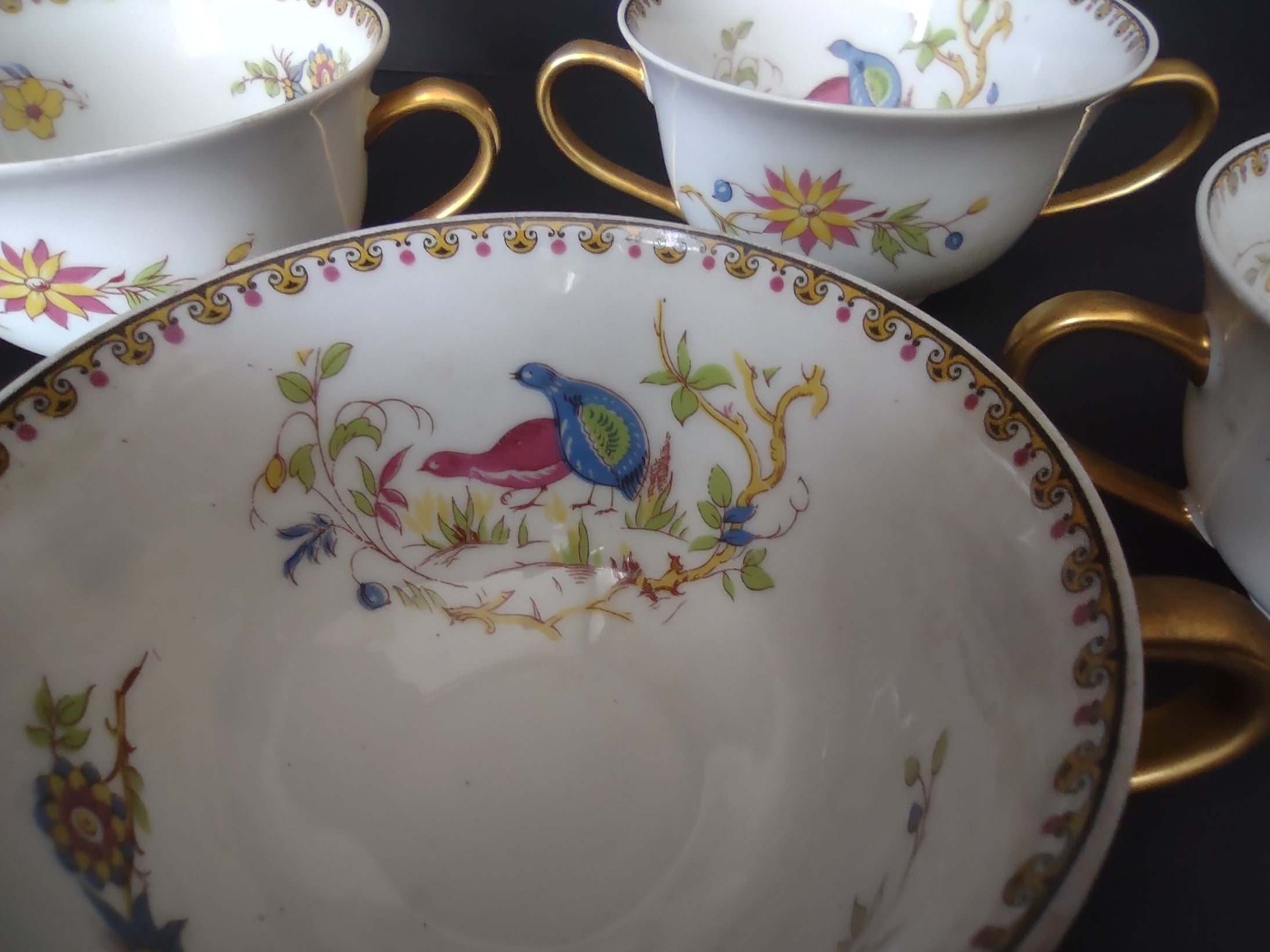 B. Altman Limoges Old Abbey Rouen Spray Pheasant 4 x Bouillon Cup ONLY (lot 815)