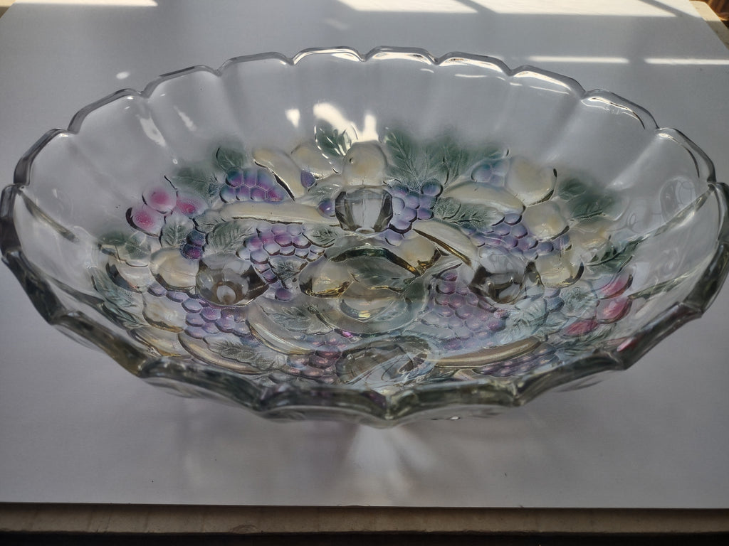 Vintage Indiana Glass Clear Iridescent Grape Design Large Footed Bowl (lot 2690c