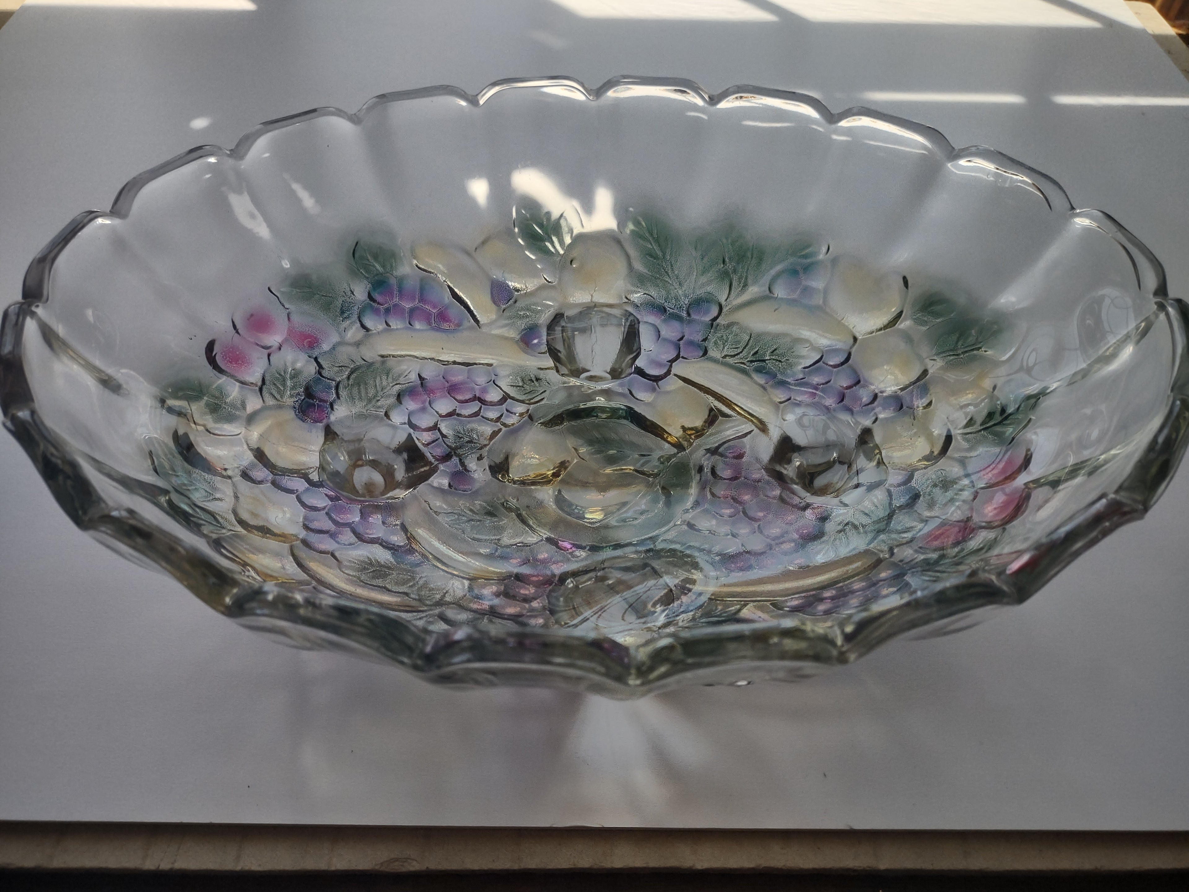 Vintage Indiana Glass Clear Iridescent Grape Design Large Footed Bowl (lot 2690c