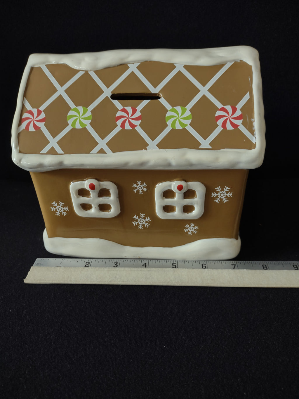 Vintage Christmas Gingerbread Ceramic Piggy Bank Snowman Snowflakes (Lot 4795)