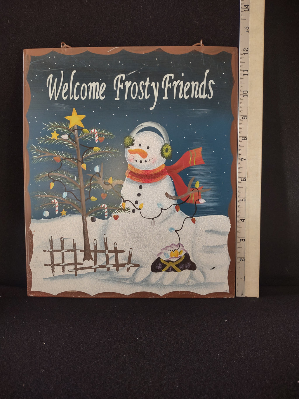 Christmas Painted Snowman Tree Welcome Frosty Friends Wall Hanging (Lot 4615)