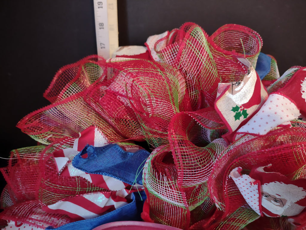 Handmade Christmas Wreath Sparkly Red White Blue Ribbon 22" Santa Merry lot 1294