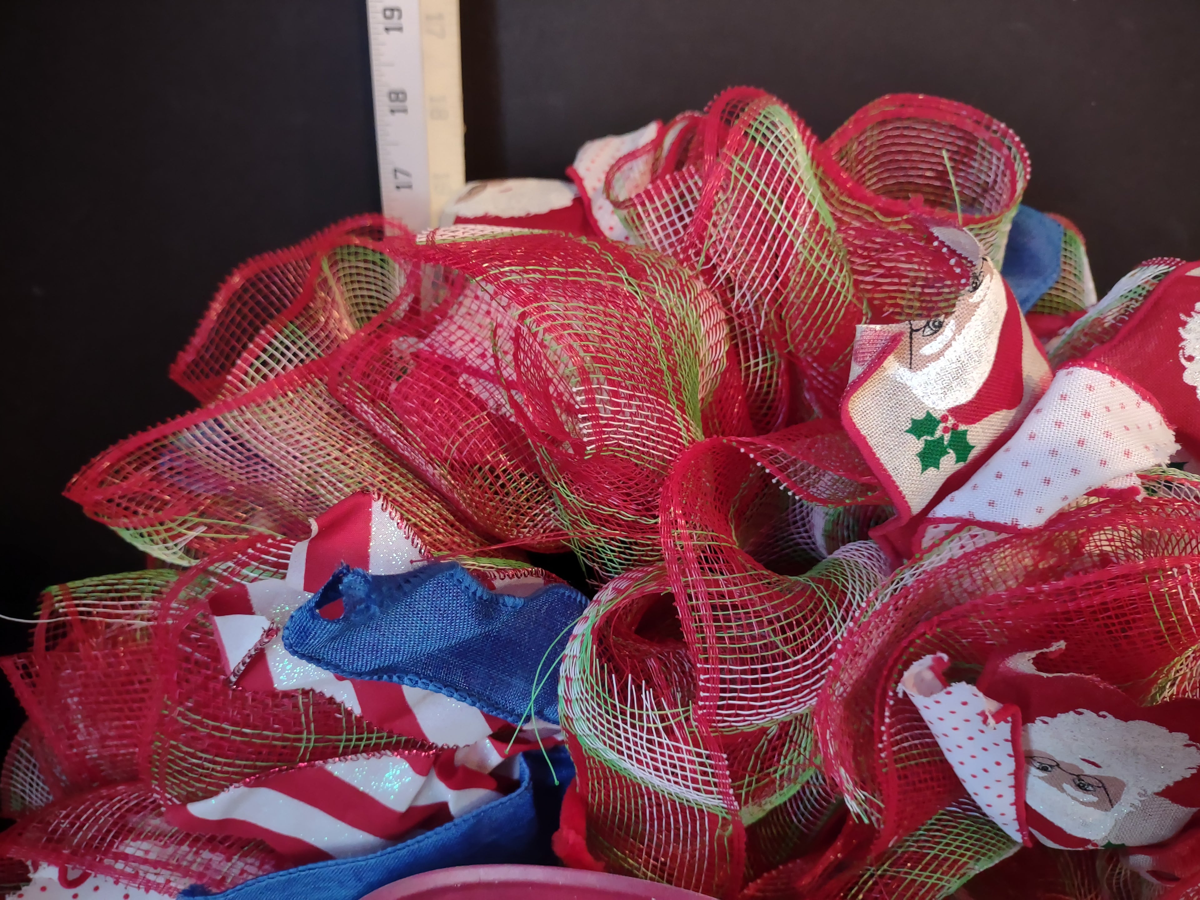 Handmade Christmas Wreath Sparkly Red White Blue Ribbon 22" Santa Merry lot 1294