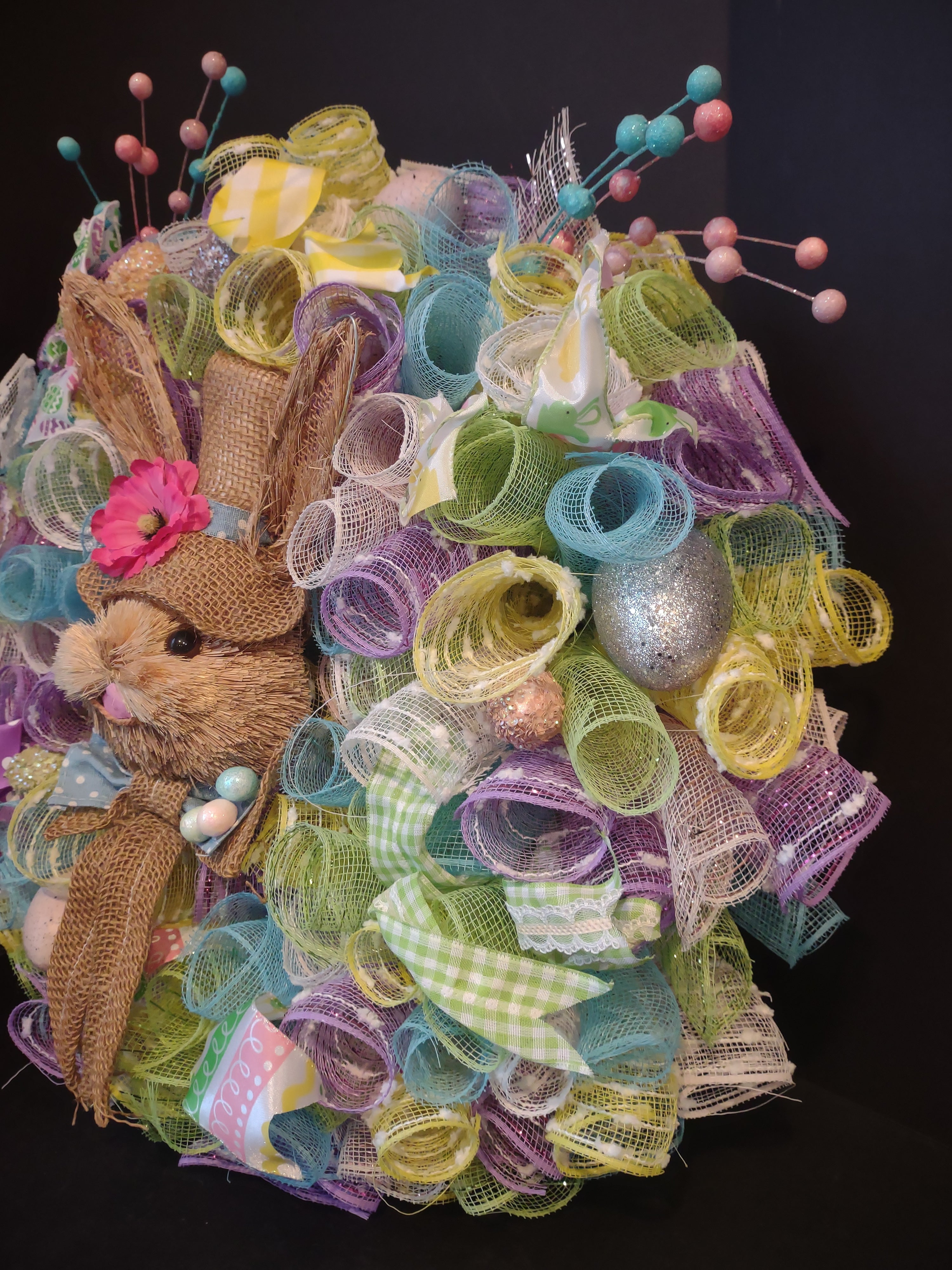 Easter Bunny Spring Mesh Ribbon Wreath Handmade 22" (lot 1400)