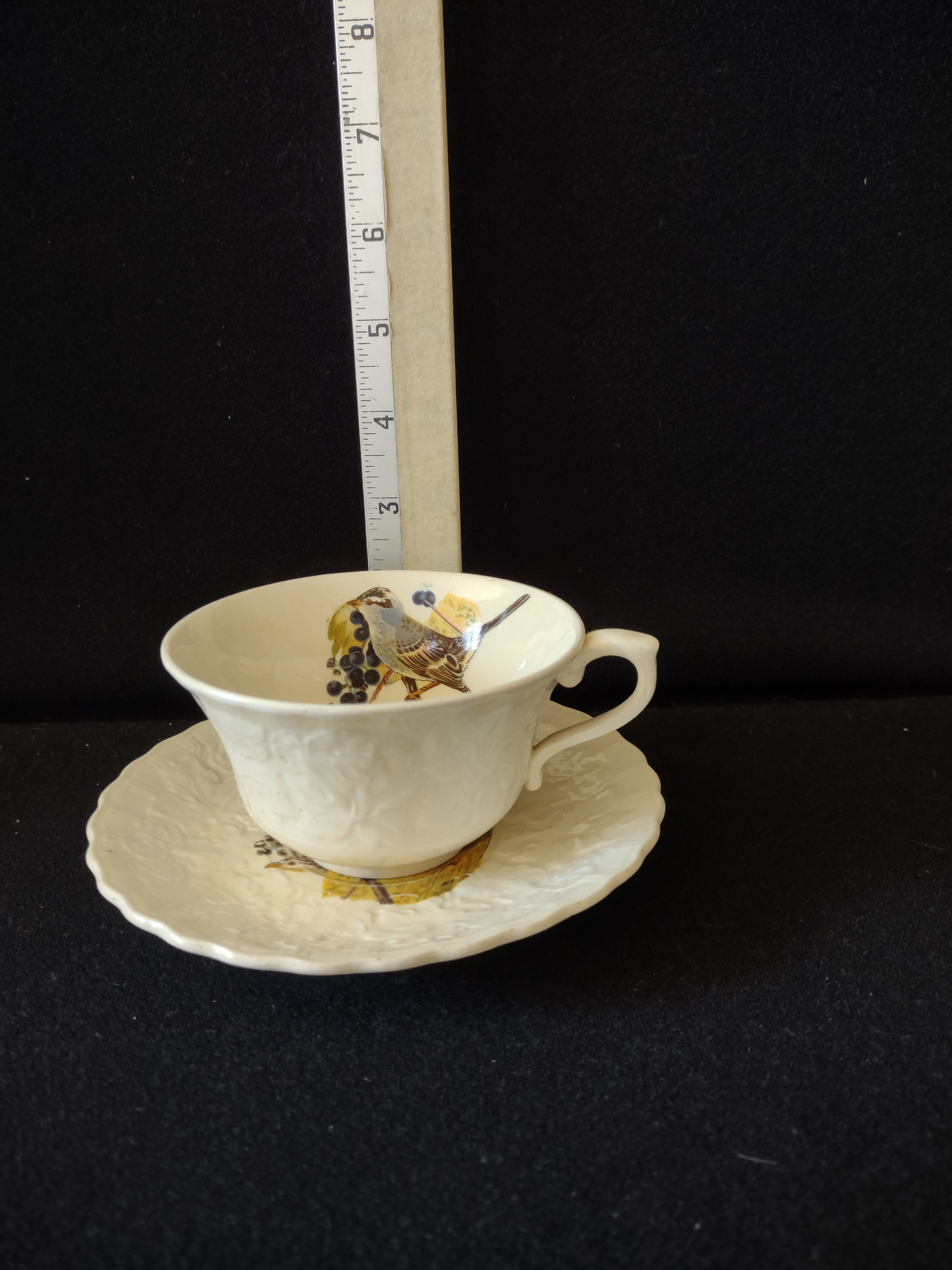 Vintage Embossed Floral Sparrow Cup Saucer Meakin England Cottagecore [5872]