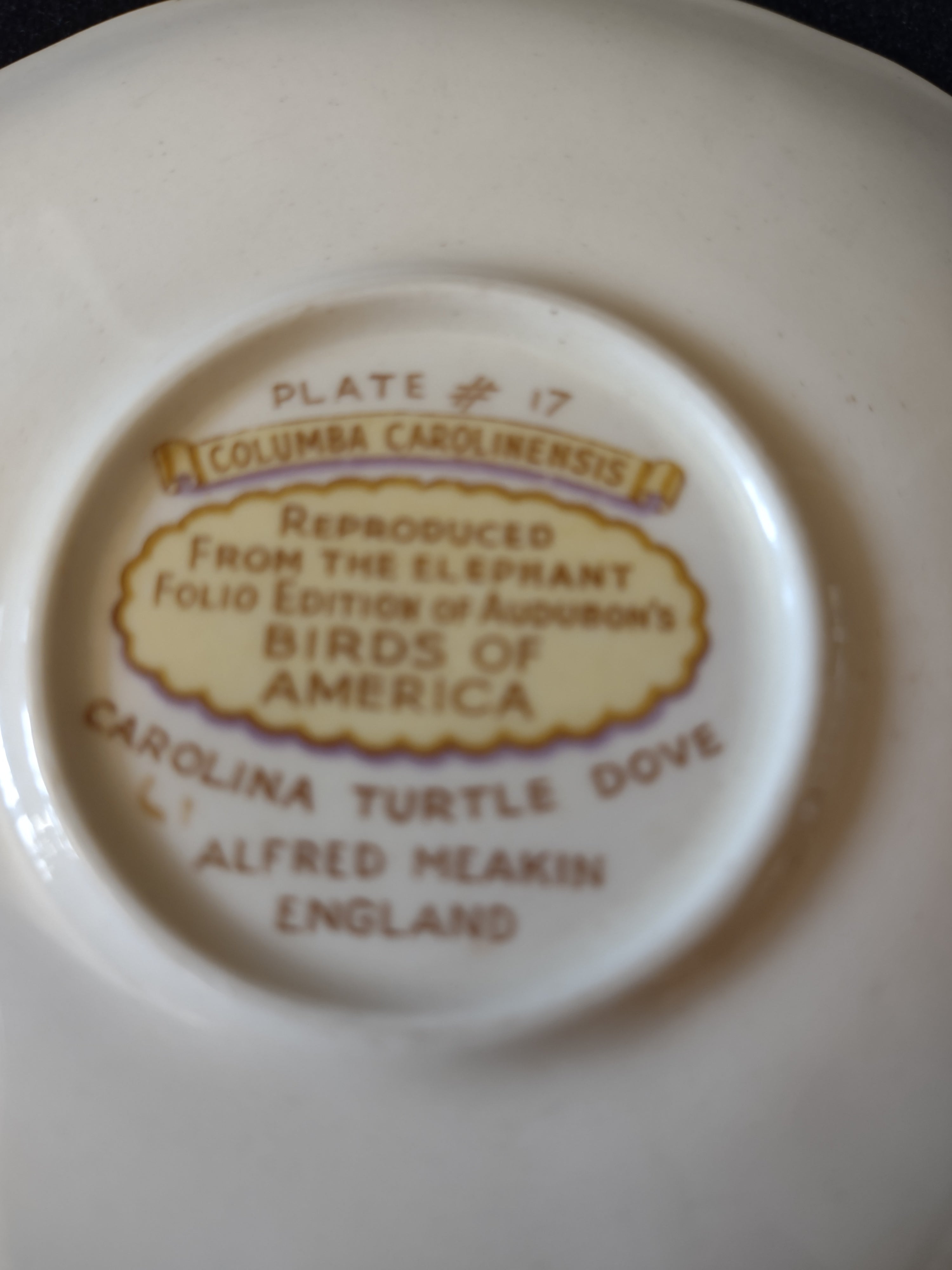 Vintage Alfred Meakin Audubon Birds of America Carolina Turtle Dove Saucer [5880]