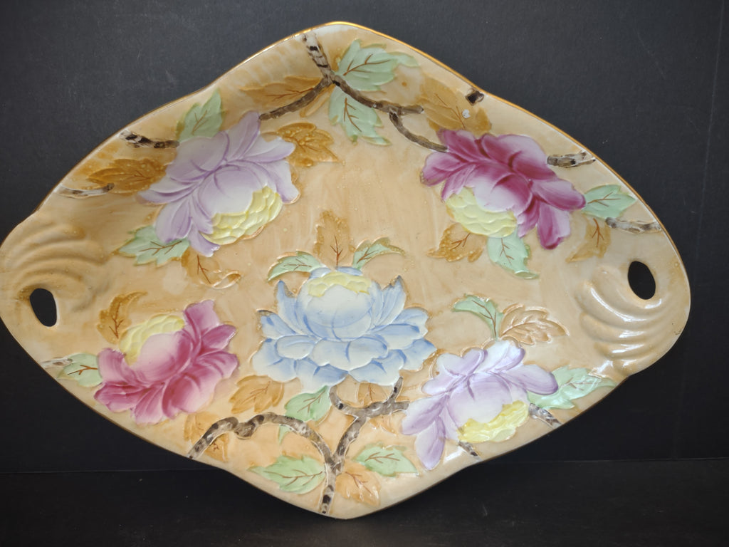Vintage Maling Ware Embossed Floral Diamond Tray Peach Lustre England [5885]