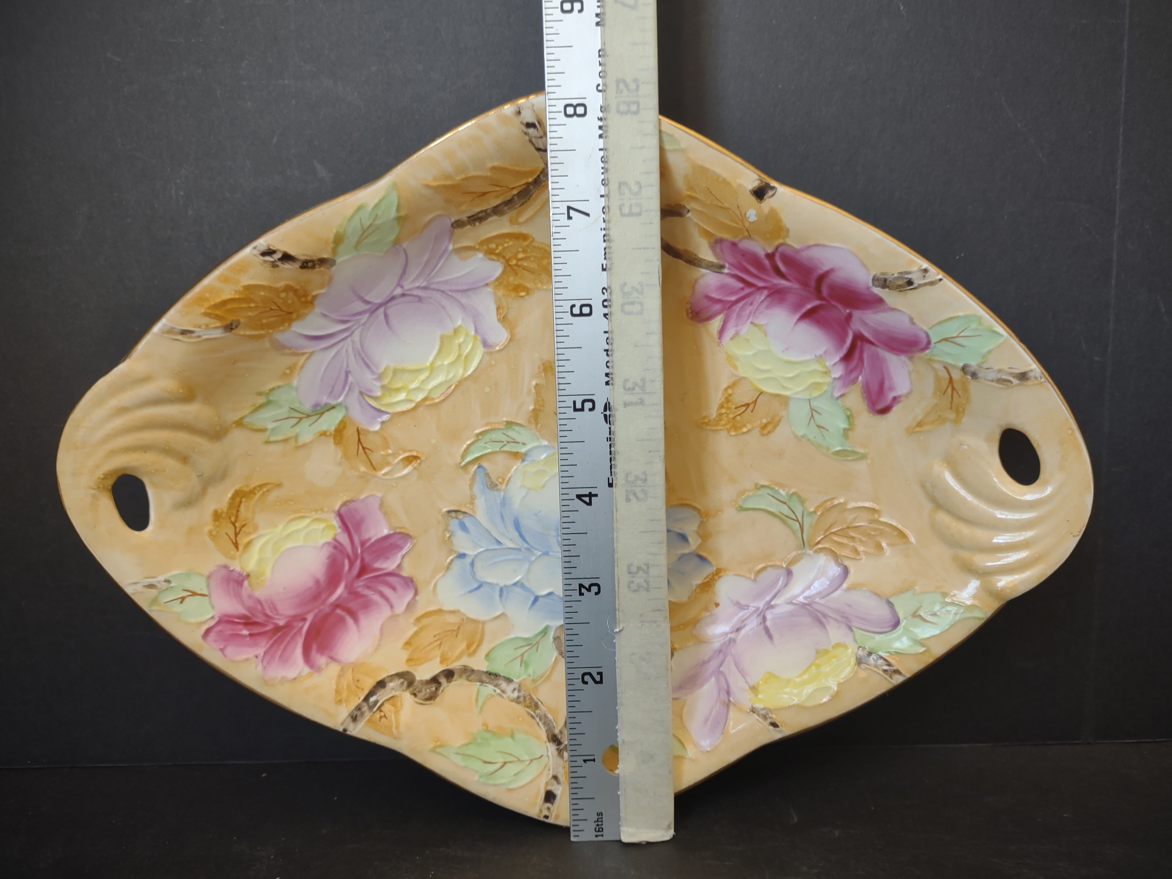 Vintage Maling Ware Embossed Floral Diamond Tray Peach Lustre England [5885]